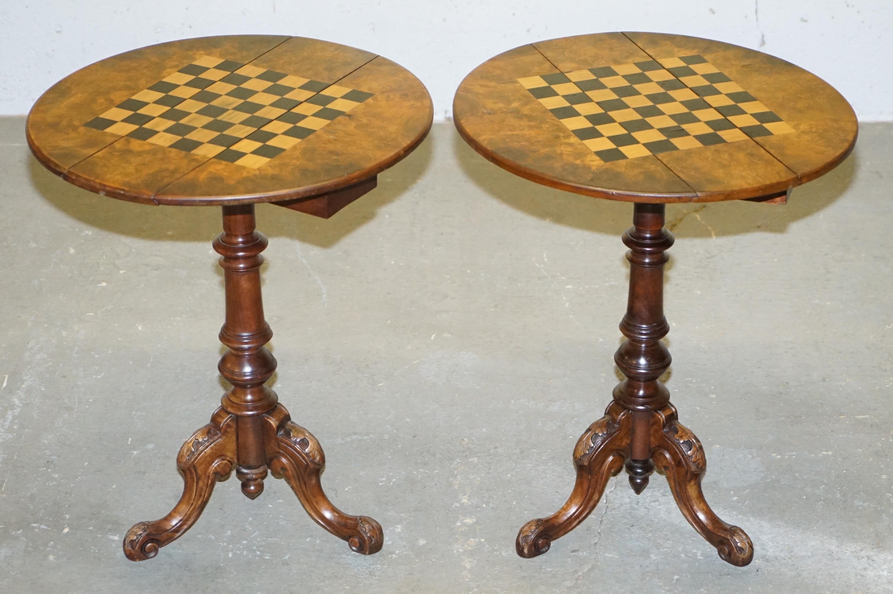 High Victorian Matching Pair of Victorian Burl & Burr Walnut Chessboard Tripod Base Side Tables