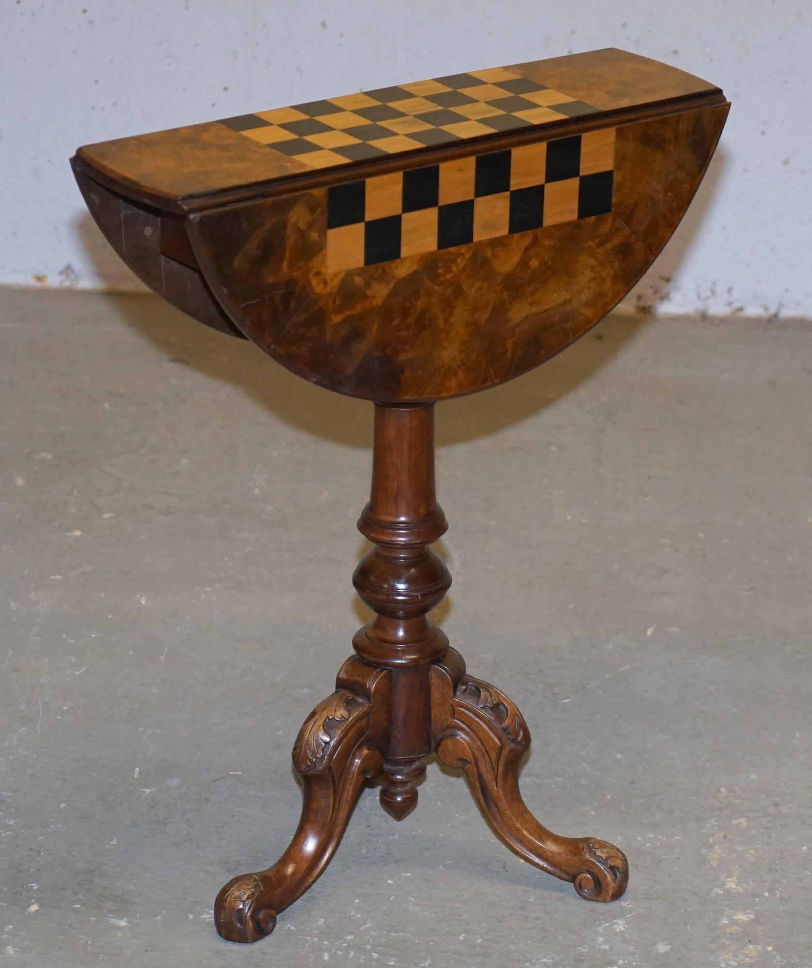 English Matching Pair of Victorian Burl & Burr Walnut Chessboard Tripod Base Side Tables