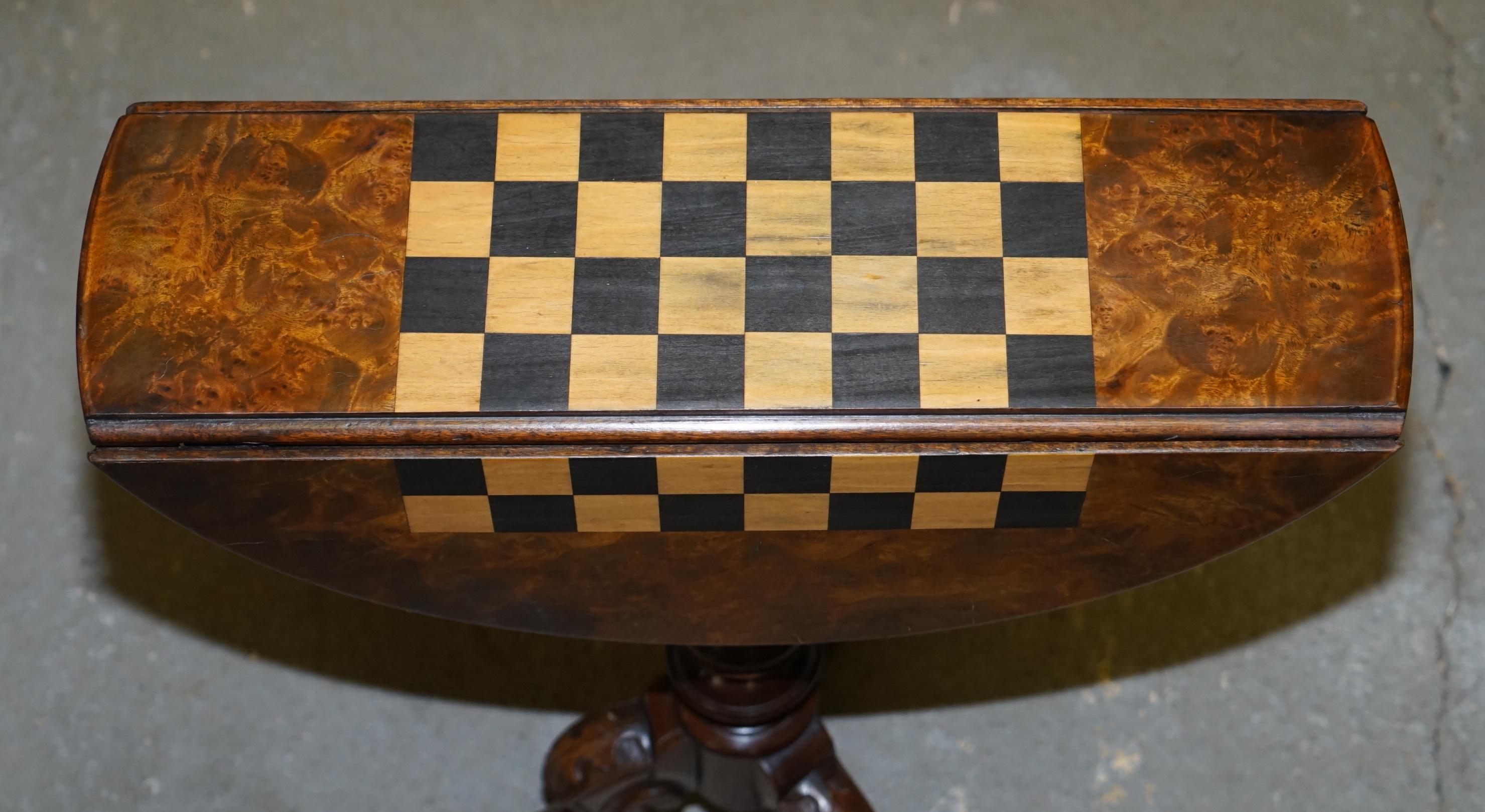 Mahogany Matching Pair of Victorian Burl & Burr Walnut Chessboard Tripod Base Side Tables