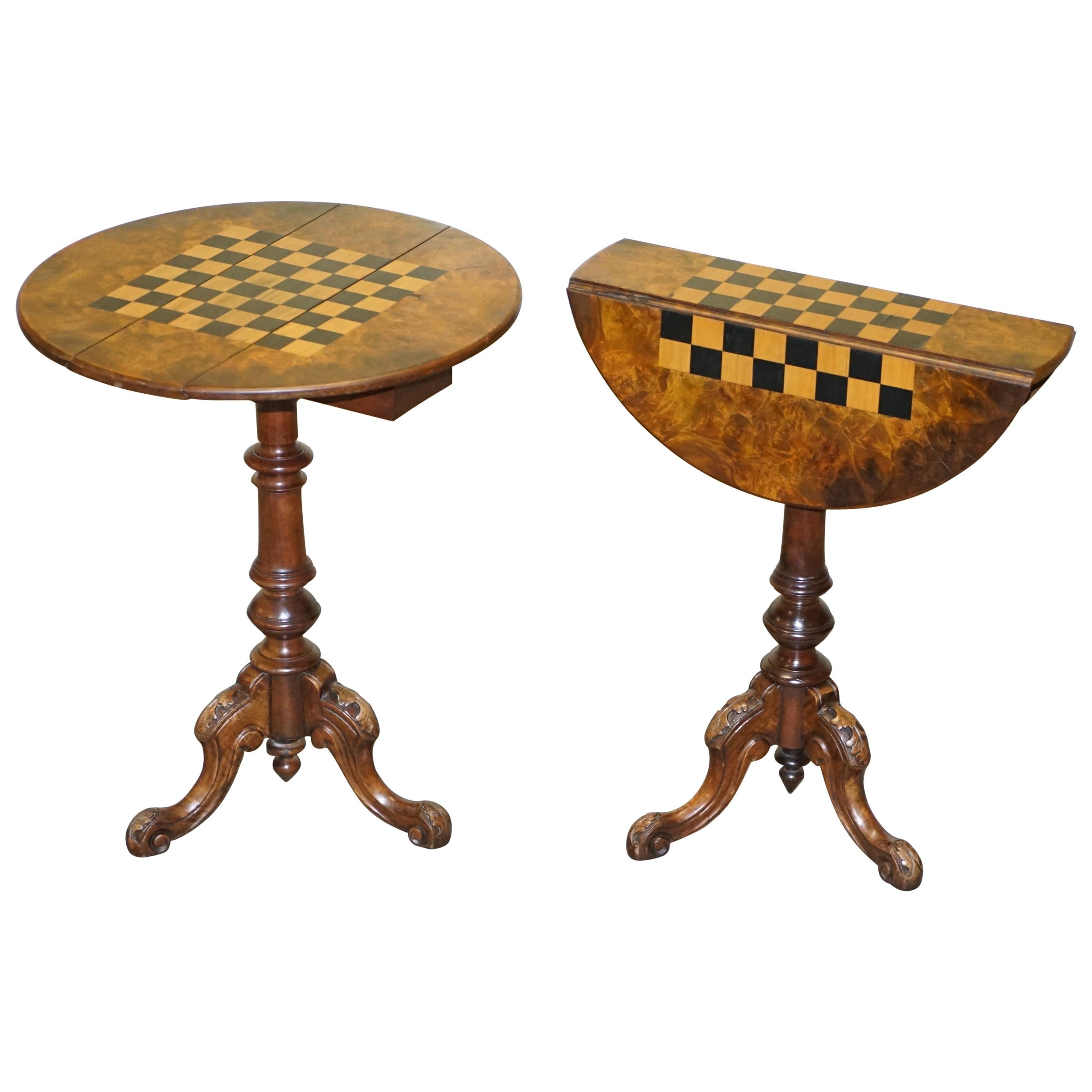 Matching Pair of Victorian Burl & Burr Walnut Chessboard Tripod Base Side Tables