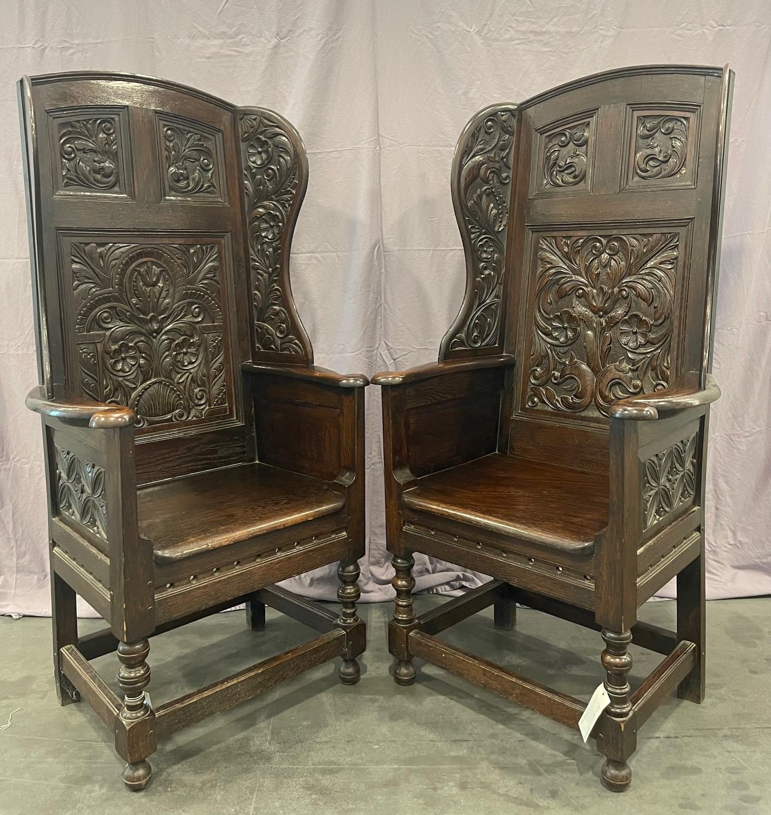 Matching pair of Victorian Carved Oak Wing Arm Chairs For Sale 5