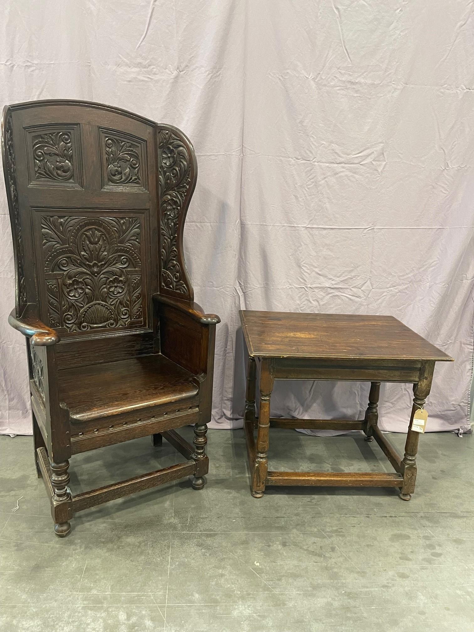 Matching pair of Victorian Carved Oak Wing Arm Chairs For Sale 6