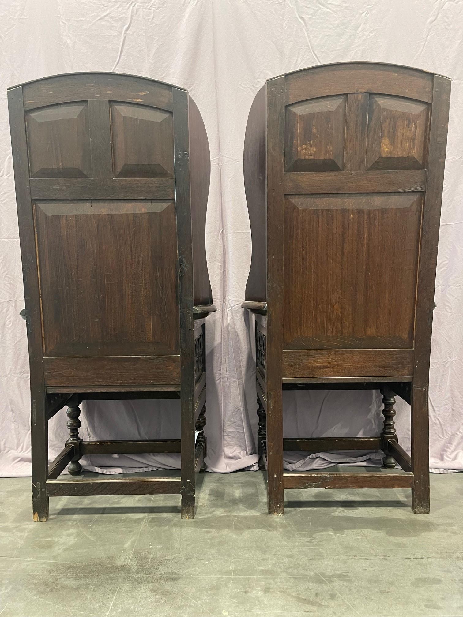 Matching pair of Victorian Carved Oak Wing Arm Chairs For Sale 11