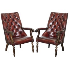 Matching Pair of Vintage Chesterfield Oxblood Leather Library Reading Armchairs