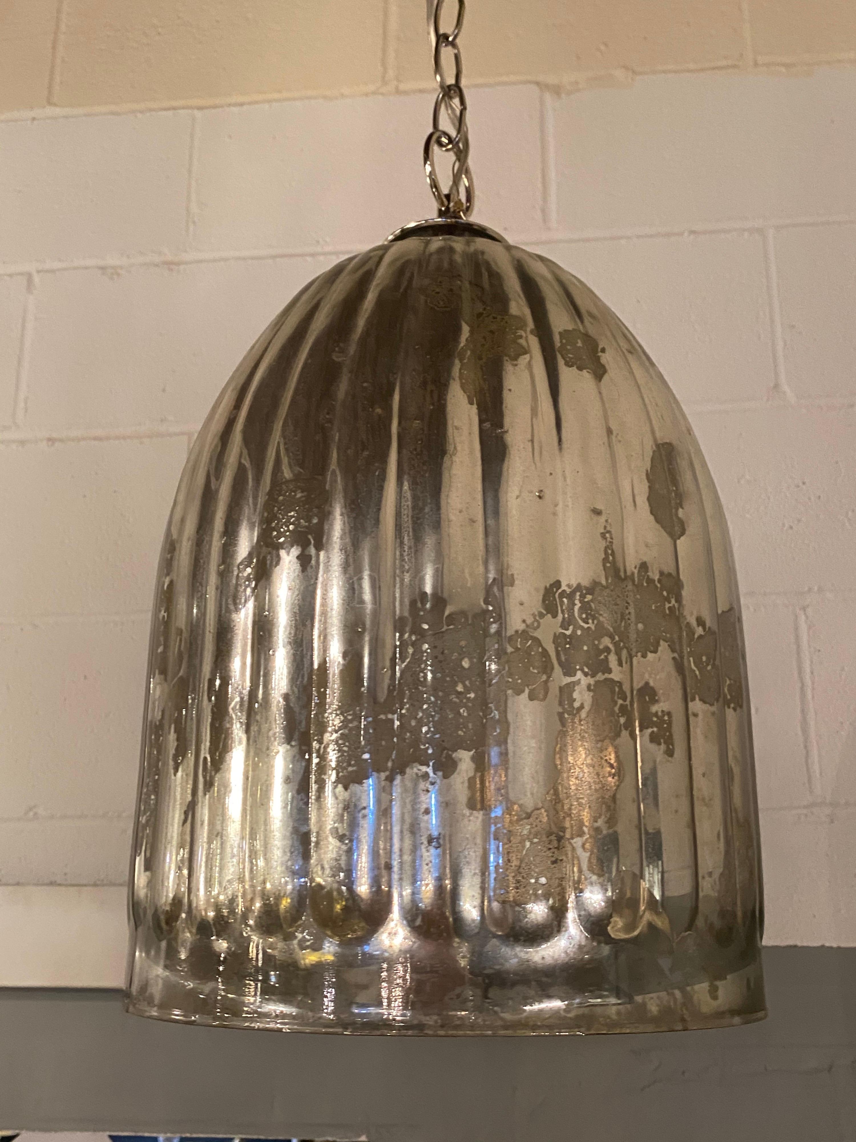 A matching pair of vintage mercury glass fluted industrial style glass pendant shades. Completely rewired with a 36