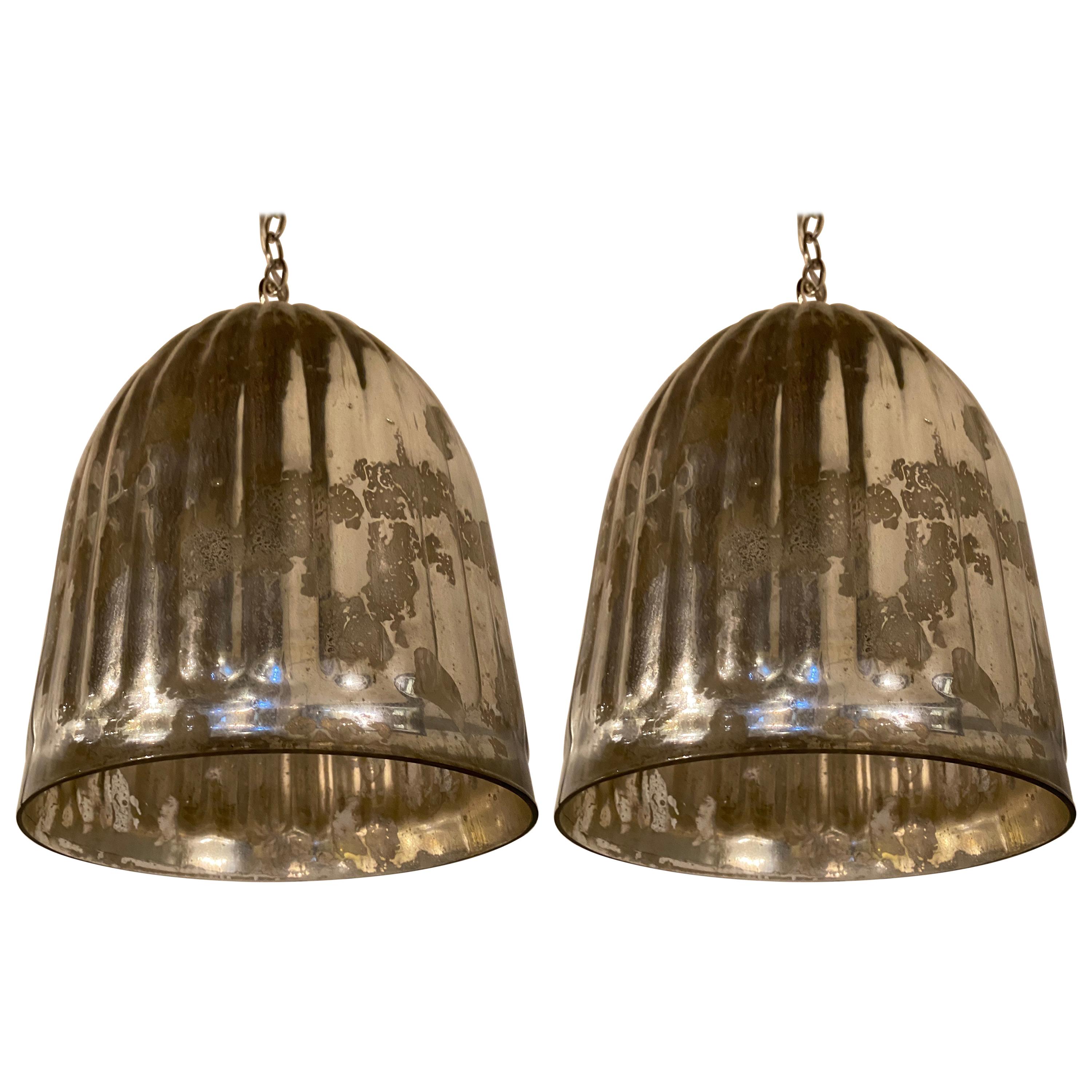Matching Pair of Vintage Mercury Glass Fluted Industrial Style Pendant Lights