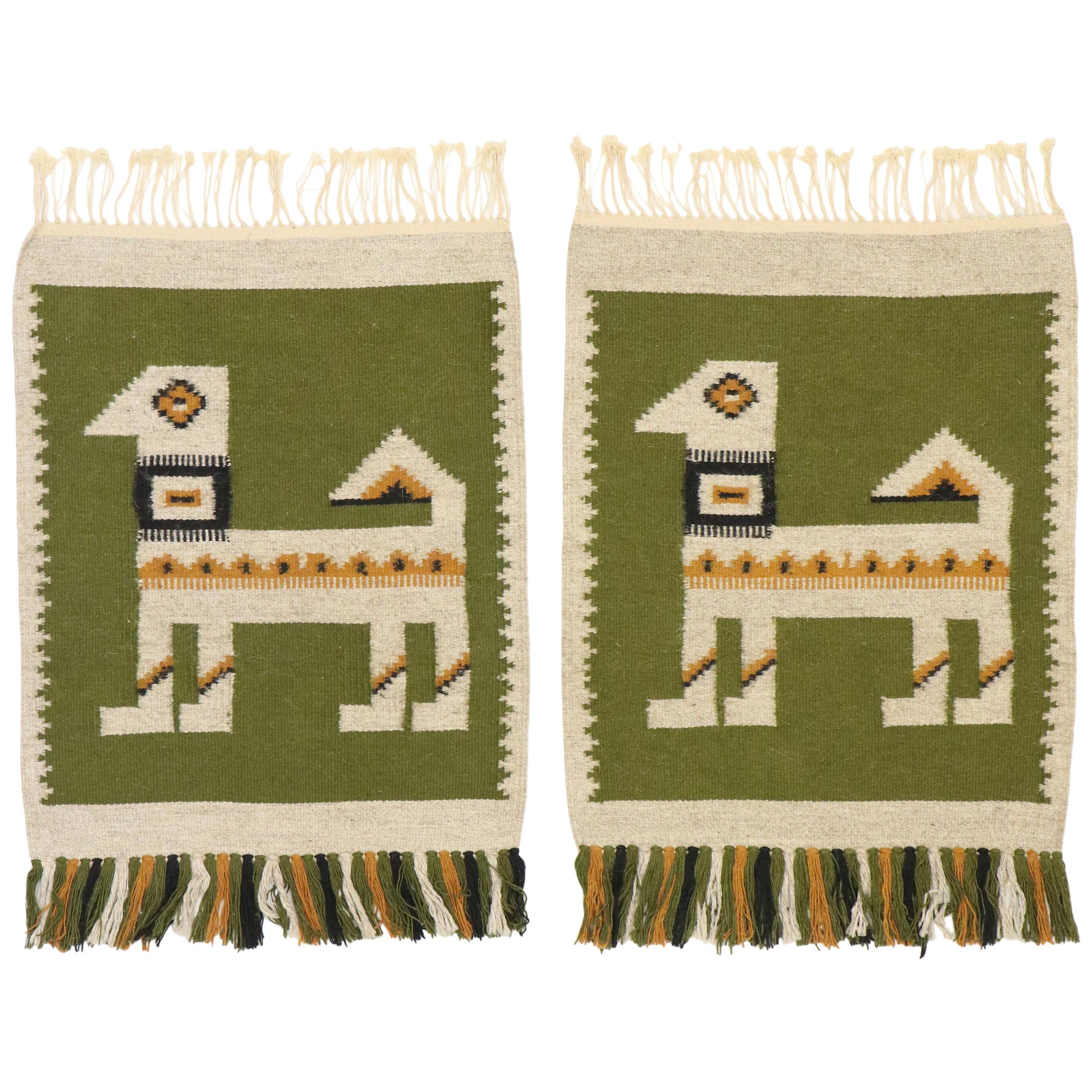 Matching Pair of Vintage Russian Kilim Rugs with Folk Art Style
