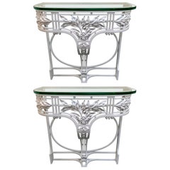 Matching Pair of Vintage Salterini White Cast Iron and Glass Console Tables