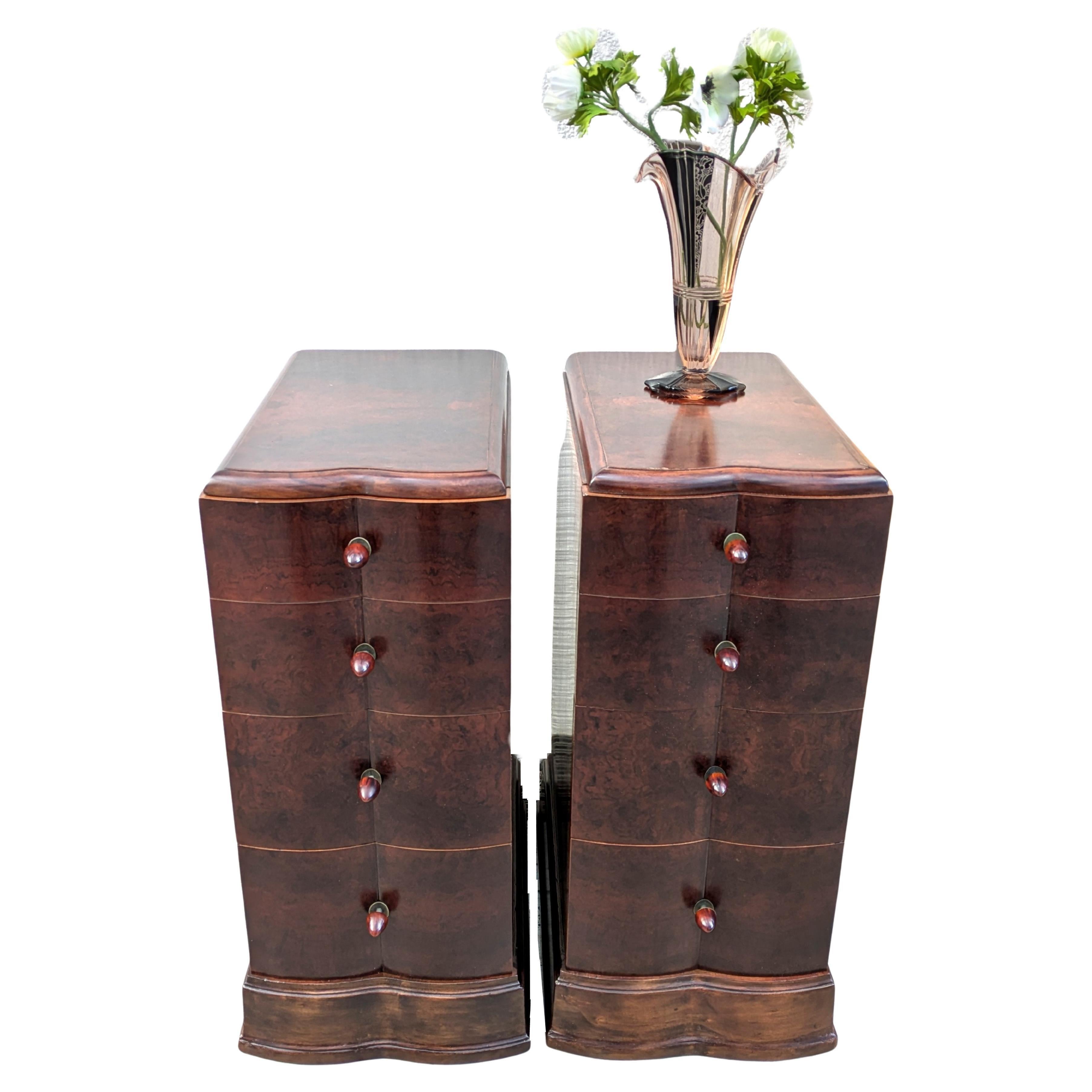 European Matching Pair Of Walnut Art Deco Bedside Cabinet Nightstands, c1930 For Sale