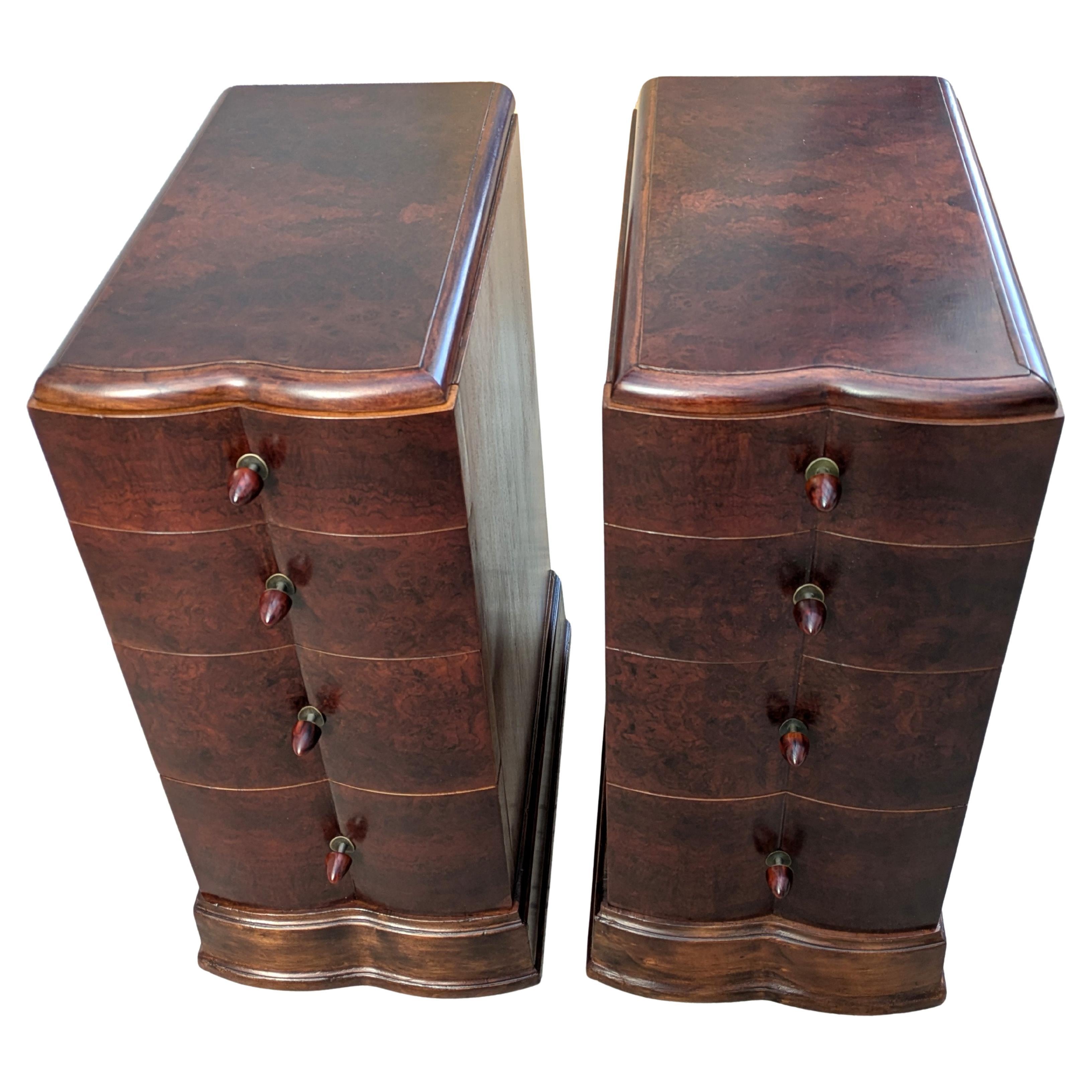 Matching Pair Of Walnut Art Deco Bedside Cabinet Nightstands, c1930 In Good Condition For Sale In Devon, England