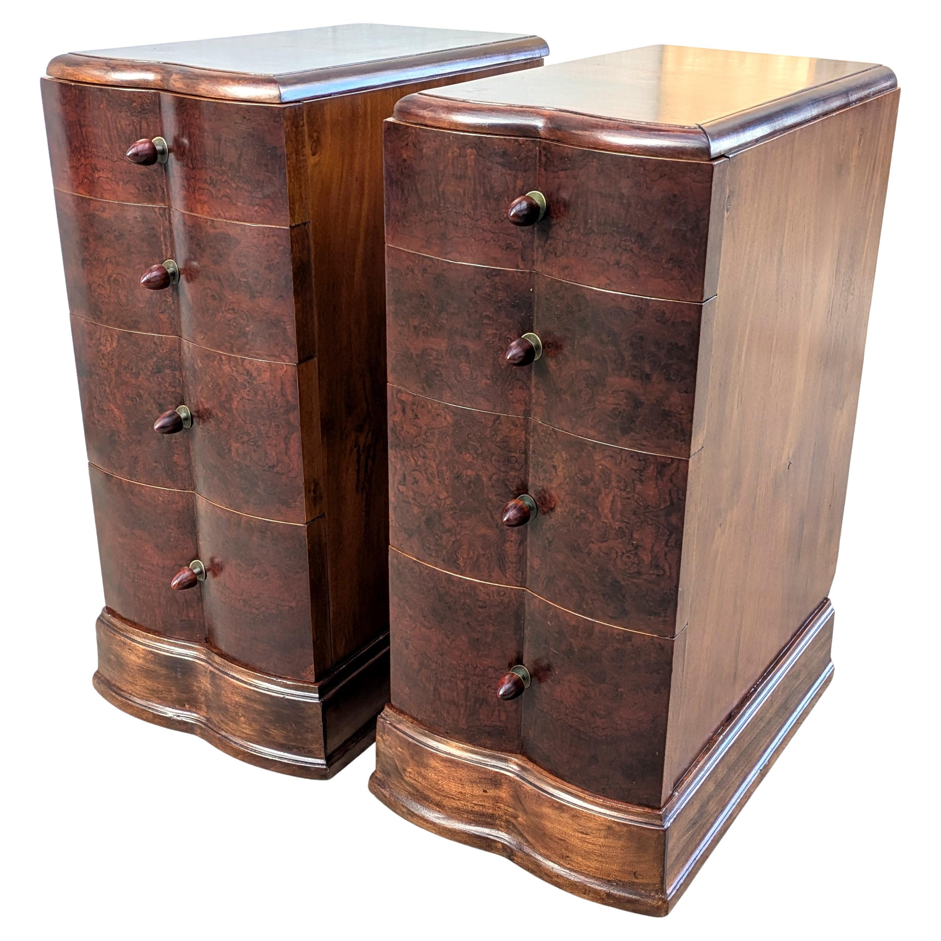 20th Century Matching Pair Of Walnut Art Deco Bedside Cabinet Nightstands, c1930 For Sale
