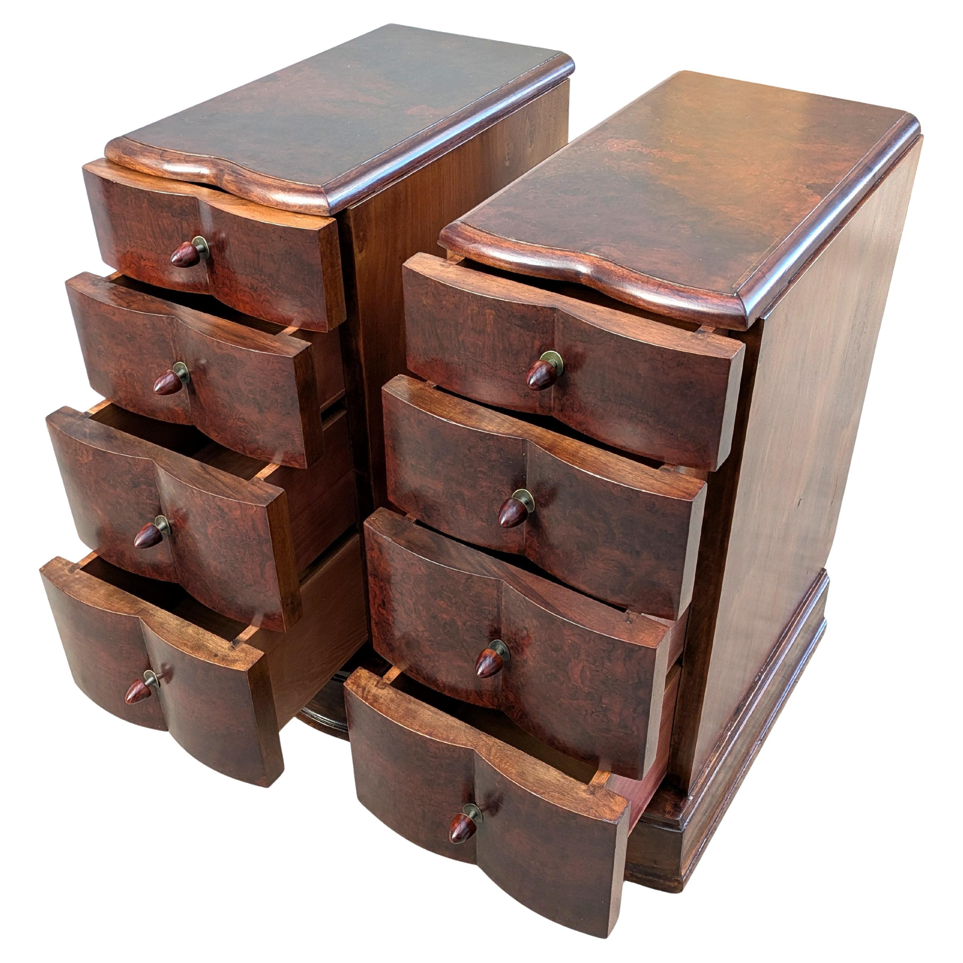 Brass Matching Pair Of Walnut Art Deco Bedside Cabinet Nightstands, c1930 For Sale