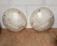 Matching Pair of XL Art Deco Style Alabaster and Brass Bowl Chandeliers, 32 Inch