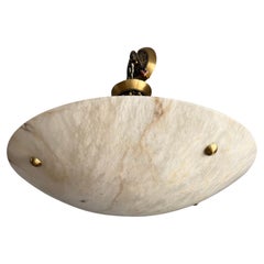 Matching Pair of XL Art Deco Style Alabaster and Brass Bowl Chandeliers, 32 Inch
