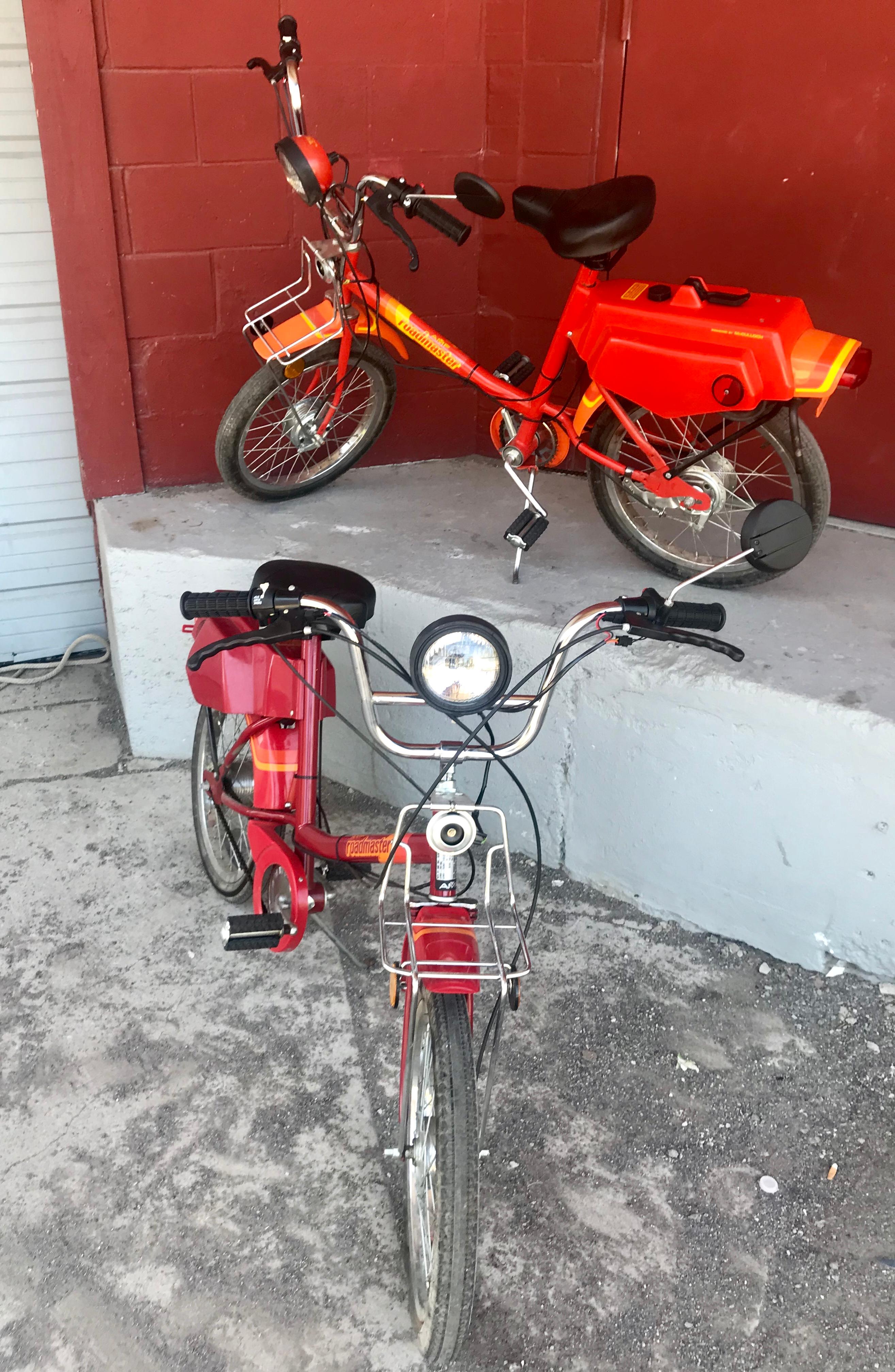 Steel Matching Pair of Pop Modernist Mopeds Manufactured by A M F Roadmaster