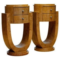 Matching Pair Round Shaped Art Deco Bedside Tables / Night Stands In Poplar Burl