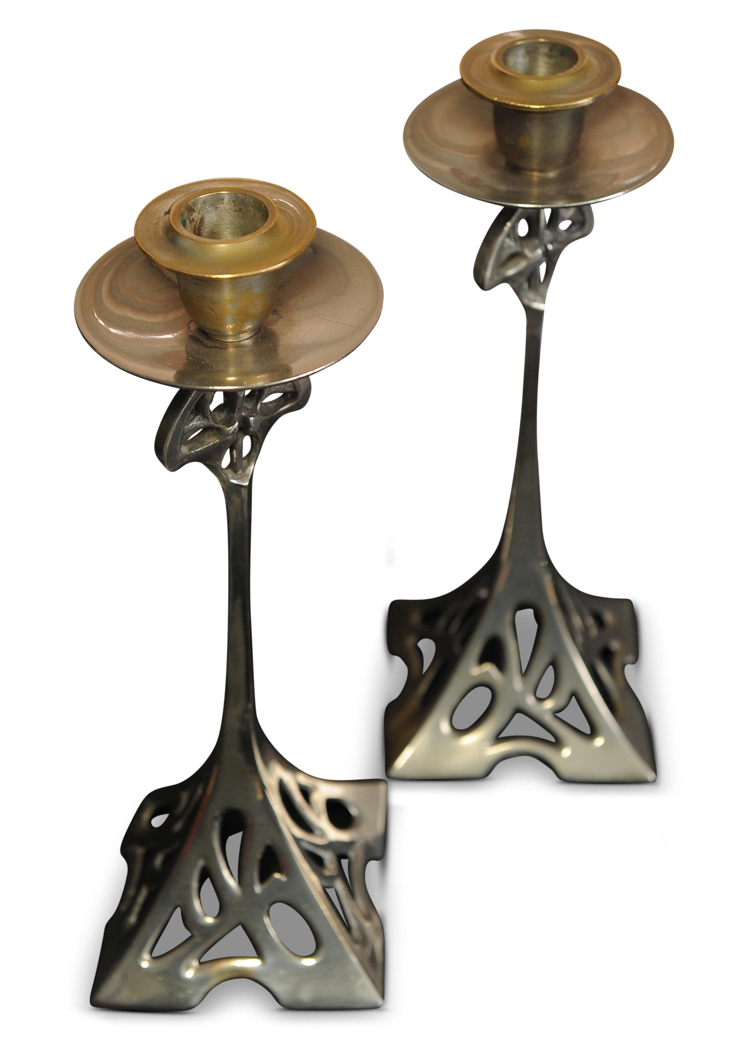 Hand-Crafted Matching Set Of Arts & Crafts Candlesticks Liberty of London 1910's For Sale