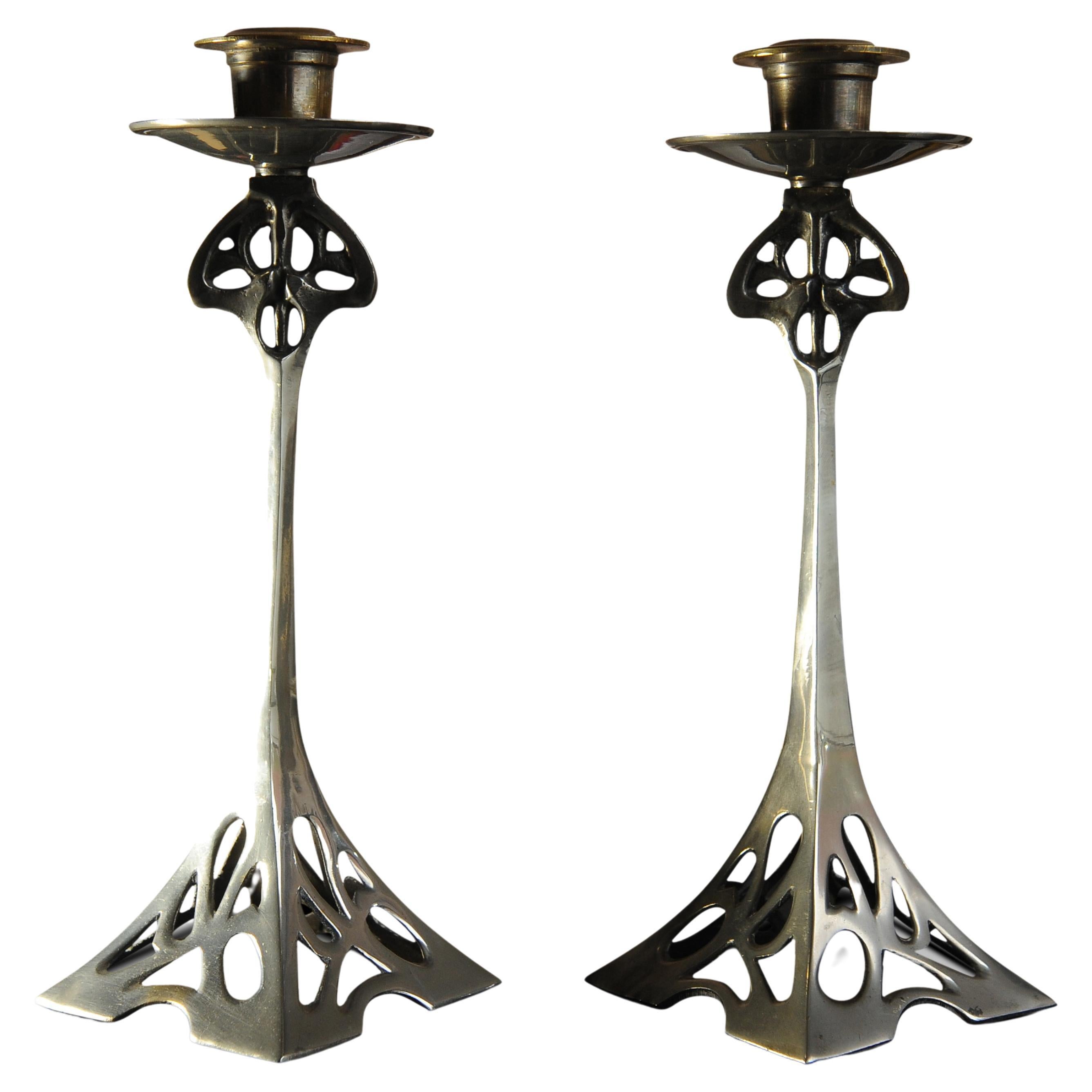 Matching Set Of Arts & Crafts Candlesticks Liberty of London 1910's For Sale