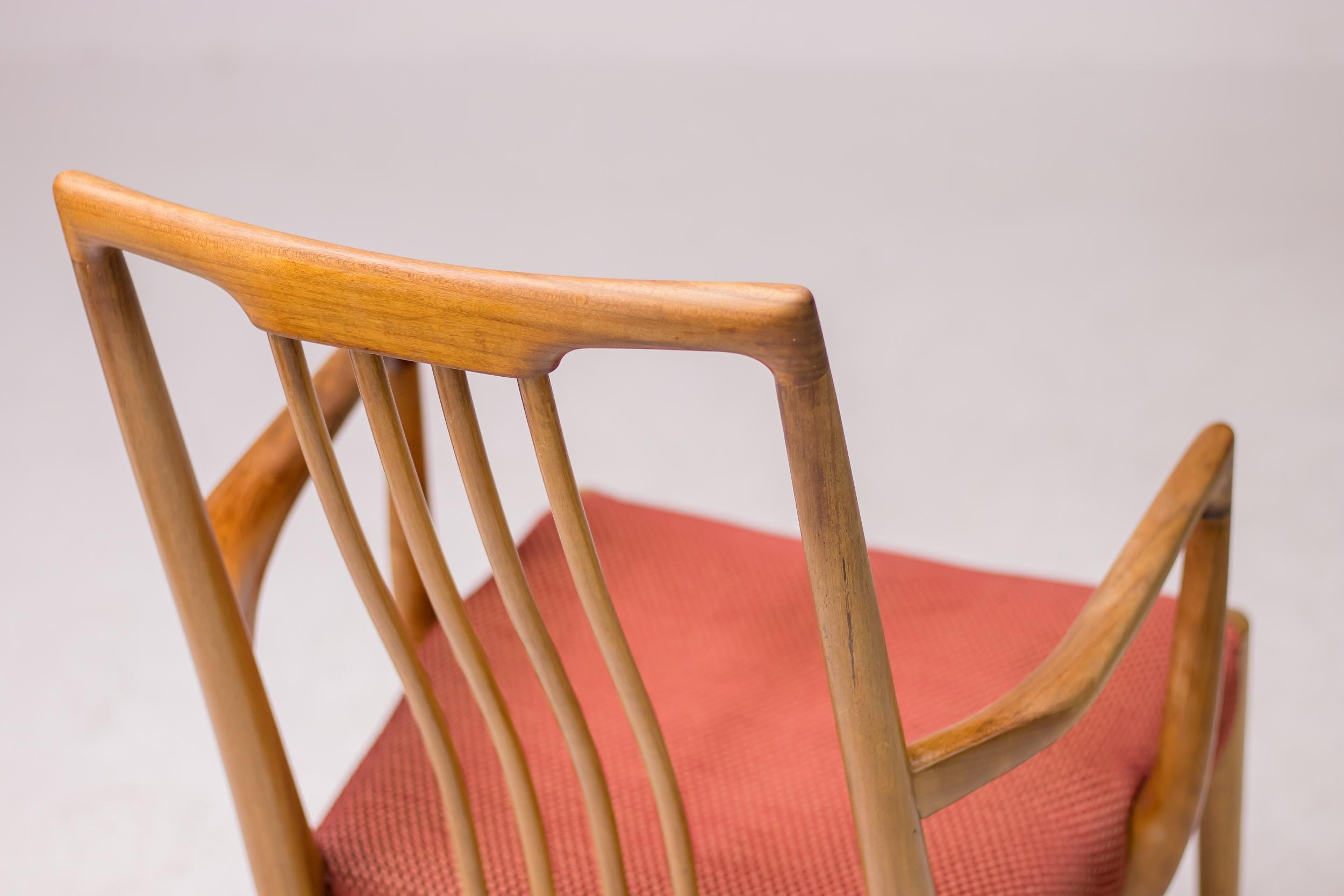 Fabric Matching set of Six Sculpted Walnut Dining Chairs, Italy, 1955 For Sale
