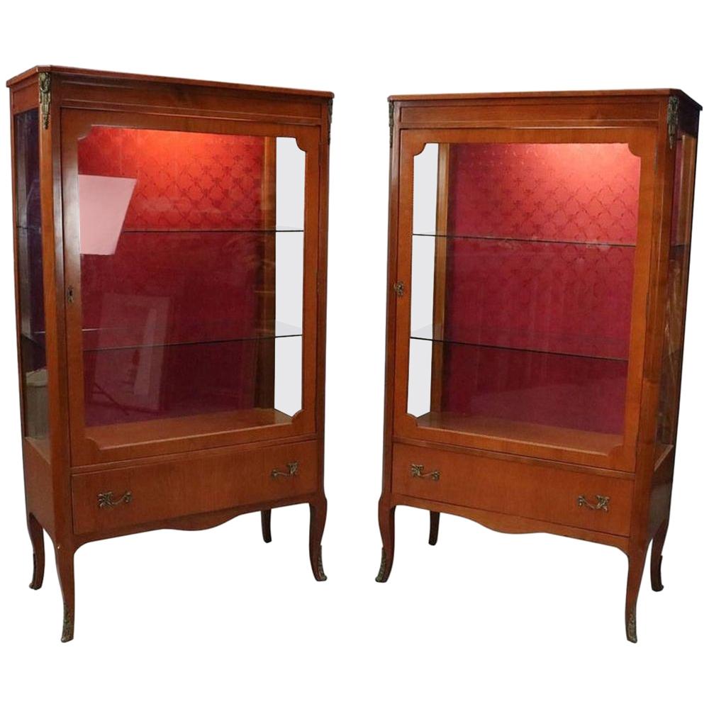 Matching Vintage French Louis XV Style Lighted Vitrine Curio Cabinets