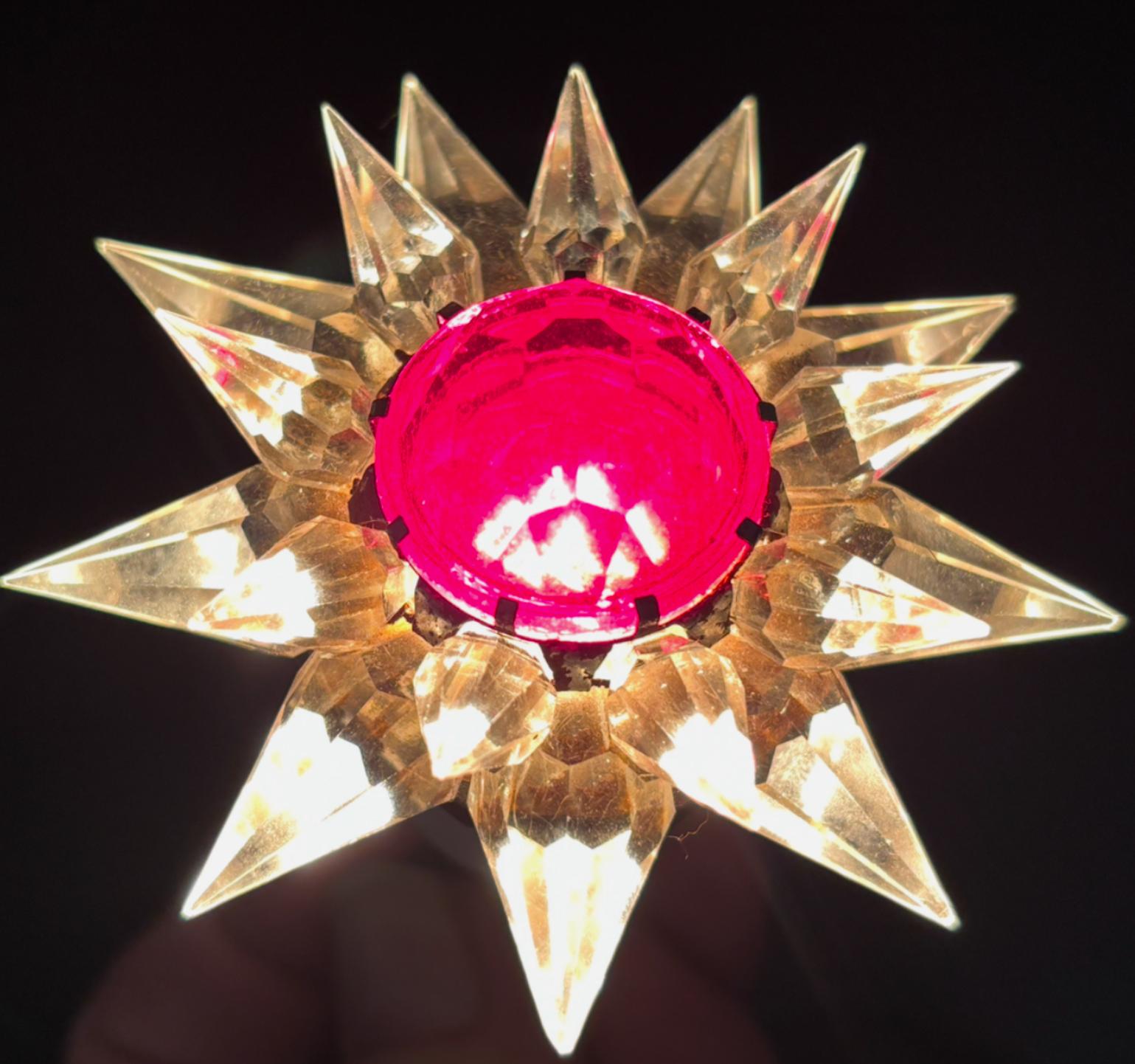 Art Deco Matchless Wonder Star #910 Double Row Clear & Red Crystal C-9 Holiday Bulb, 1936 For Sale