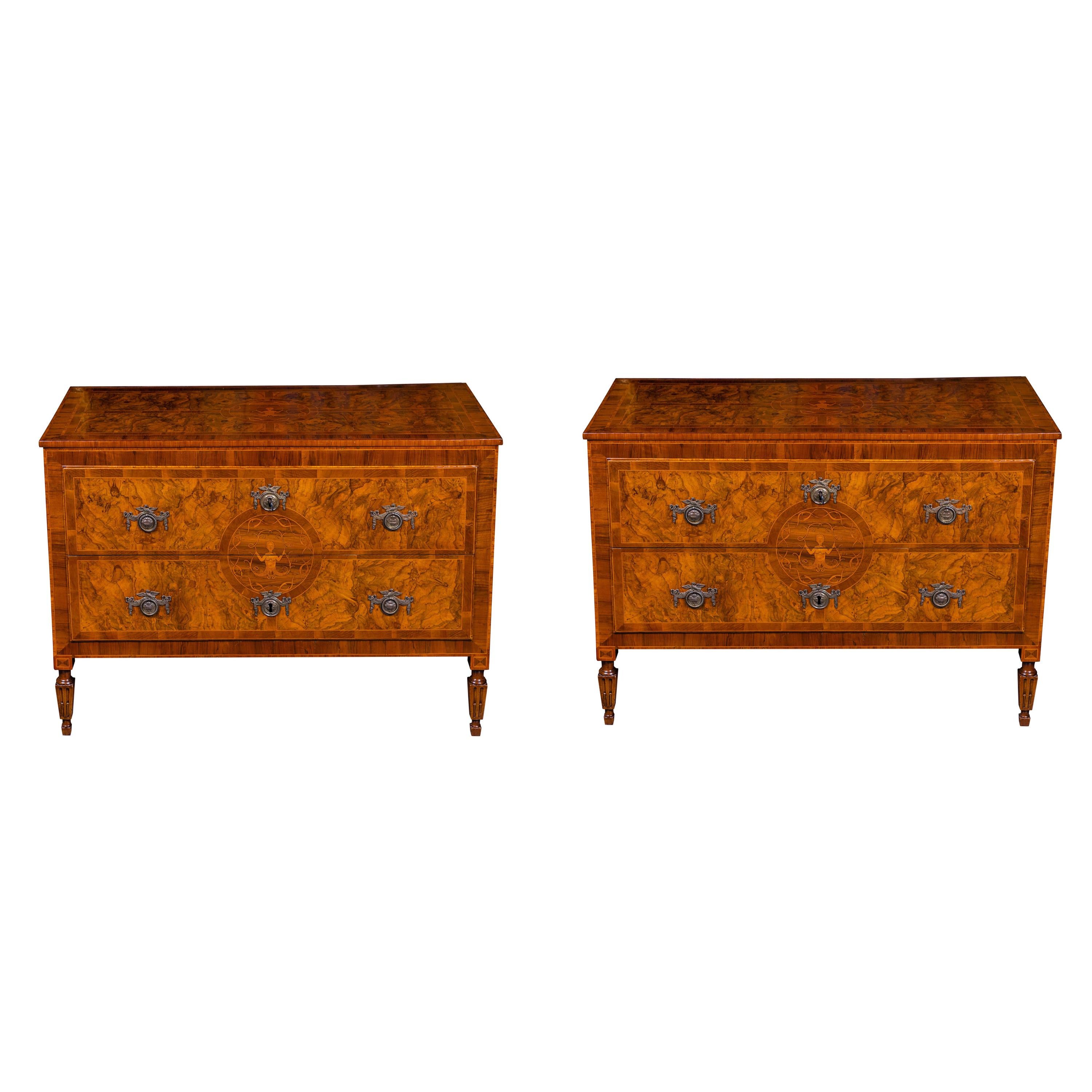 Mated Pair of 18th Century Veneered Commodes For Sale