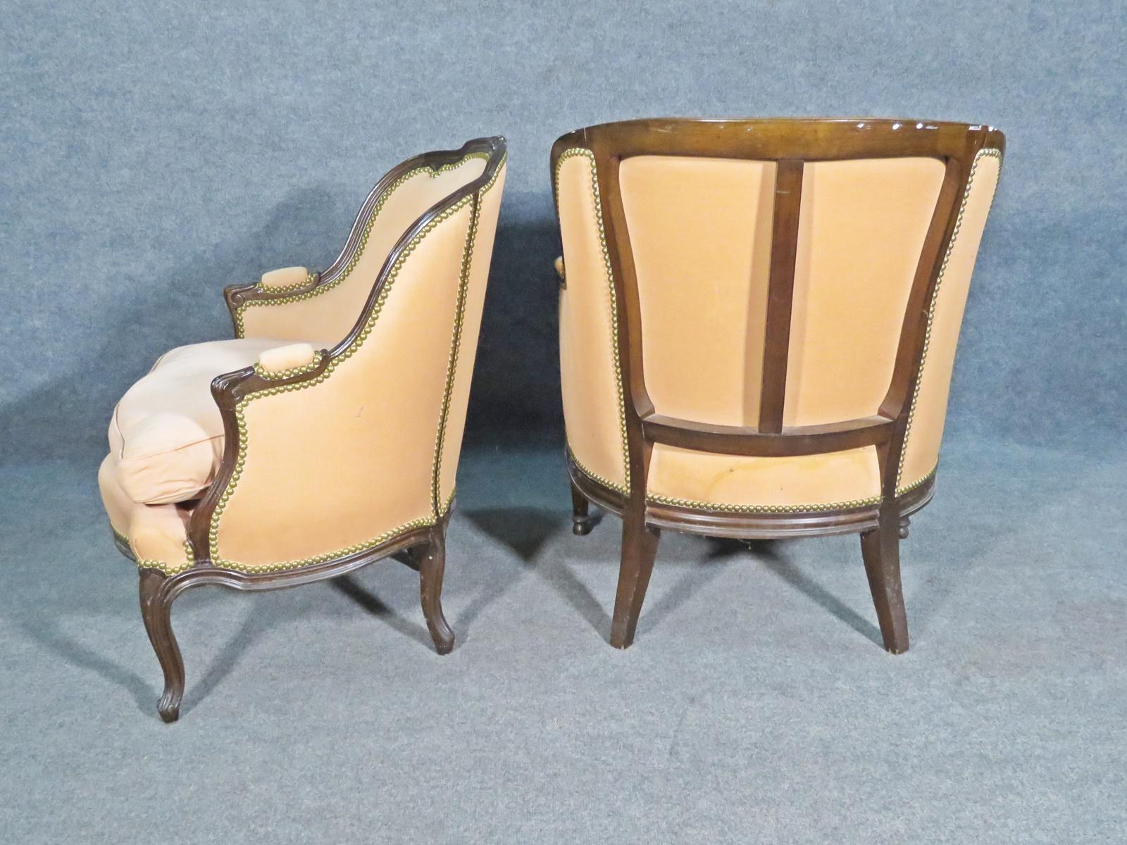 Louis XV Mated Pair Similarly Upholstered French Carved Walnut Louis Bergere Chairs For Sale