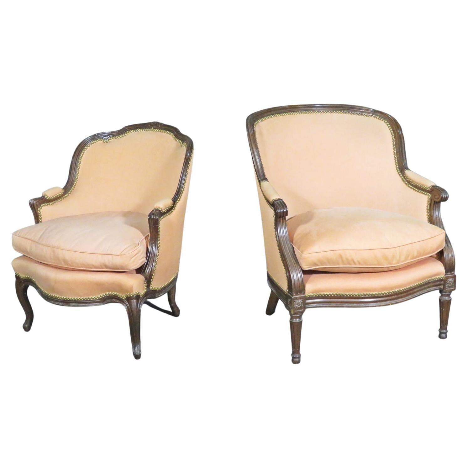 Mated Pair Similarly Upholstered French Carved Walnut Louis Bergere Chairs For Sale