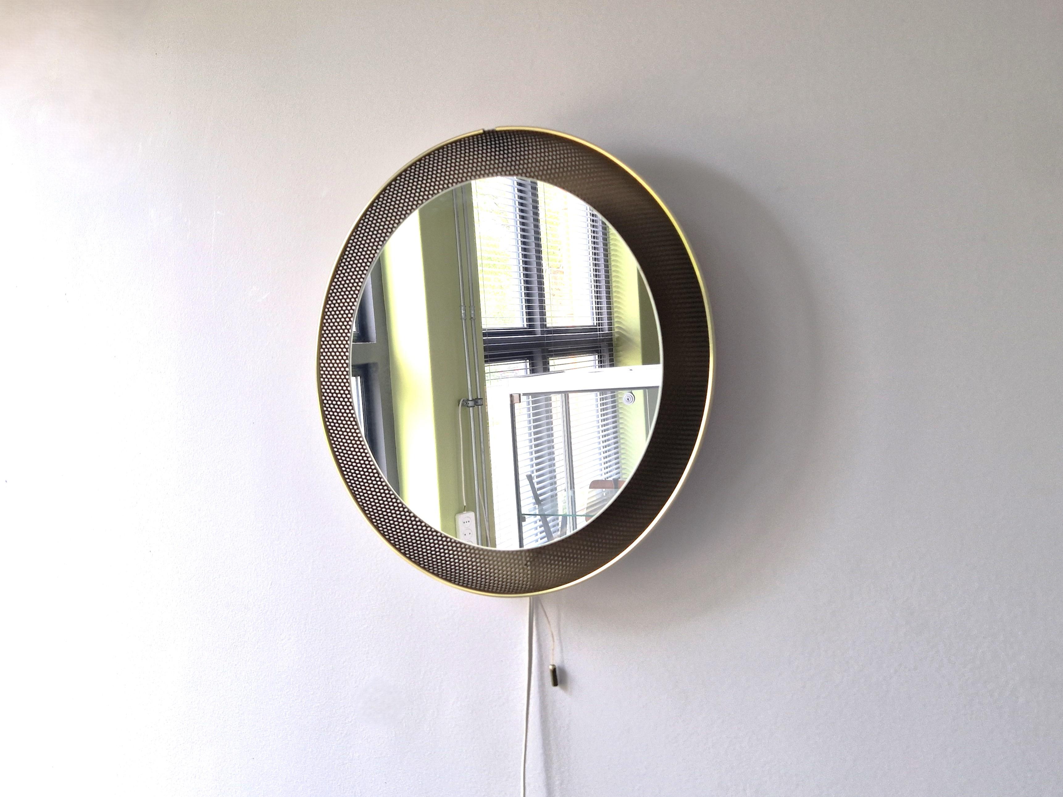 Mid-Century Modern Matégot inspired round perforated mirror lamp, The Netherlands 1960's For Sale