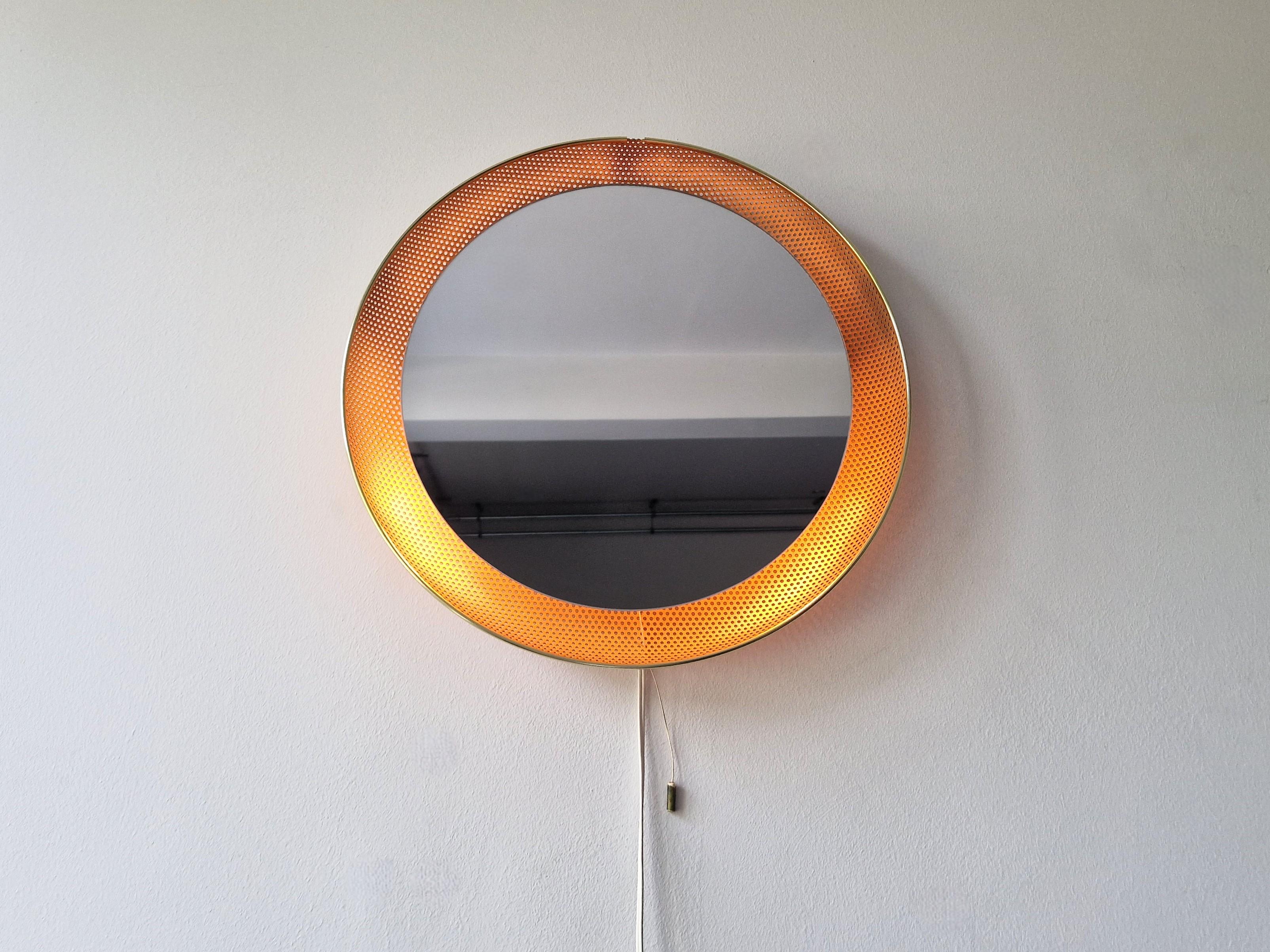 Matégot inspired round perforated mirror lamp, The Netherlands 1960's In Good Condition In Steenwijk, NL