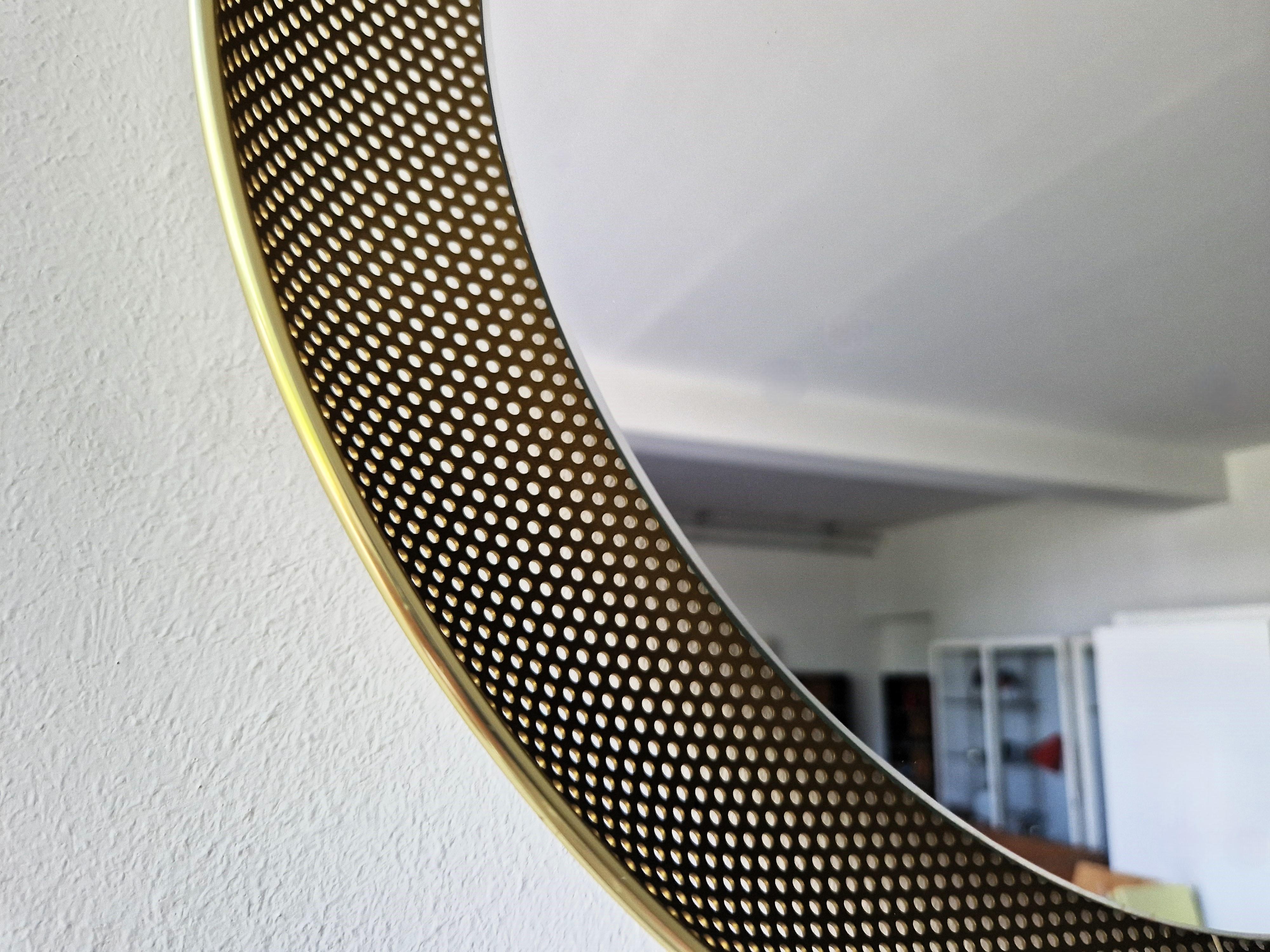 Metal Matégot inspired round perforated mirror lamp, The Netherlands 1960's For Sale