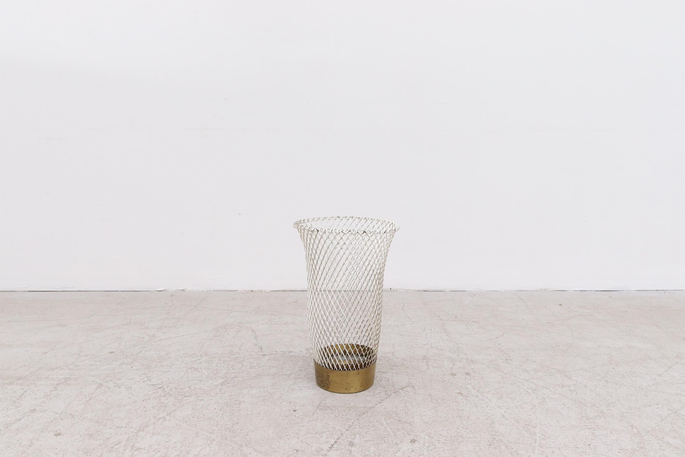 Mid-Century Modern Mategot Inspired White Woven Wire Waste Bin or Umbrella Holder with Brass Base