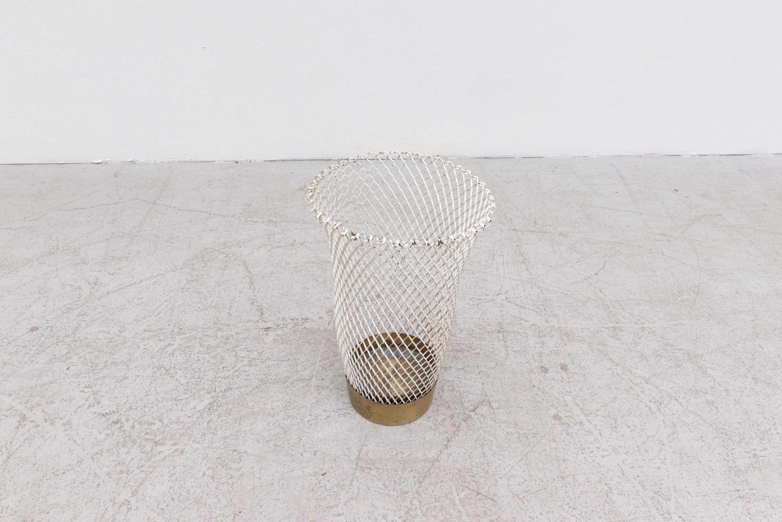 Dutch Mategot Inspired White Woven Wire Waste Bin or Umbrella Holder with Brass Base