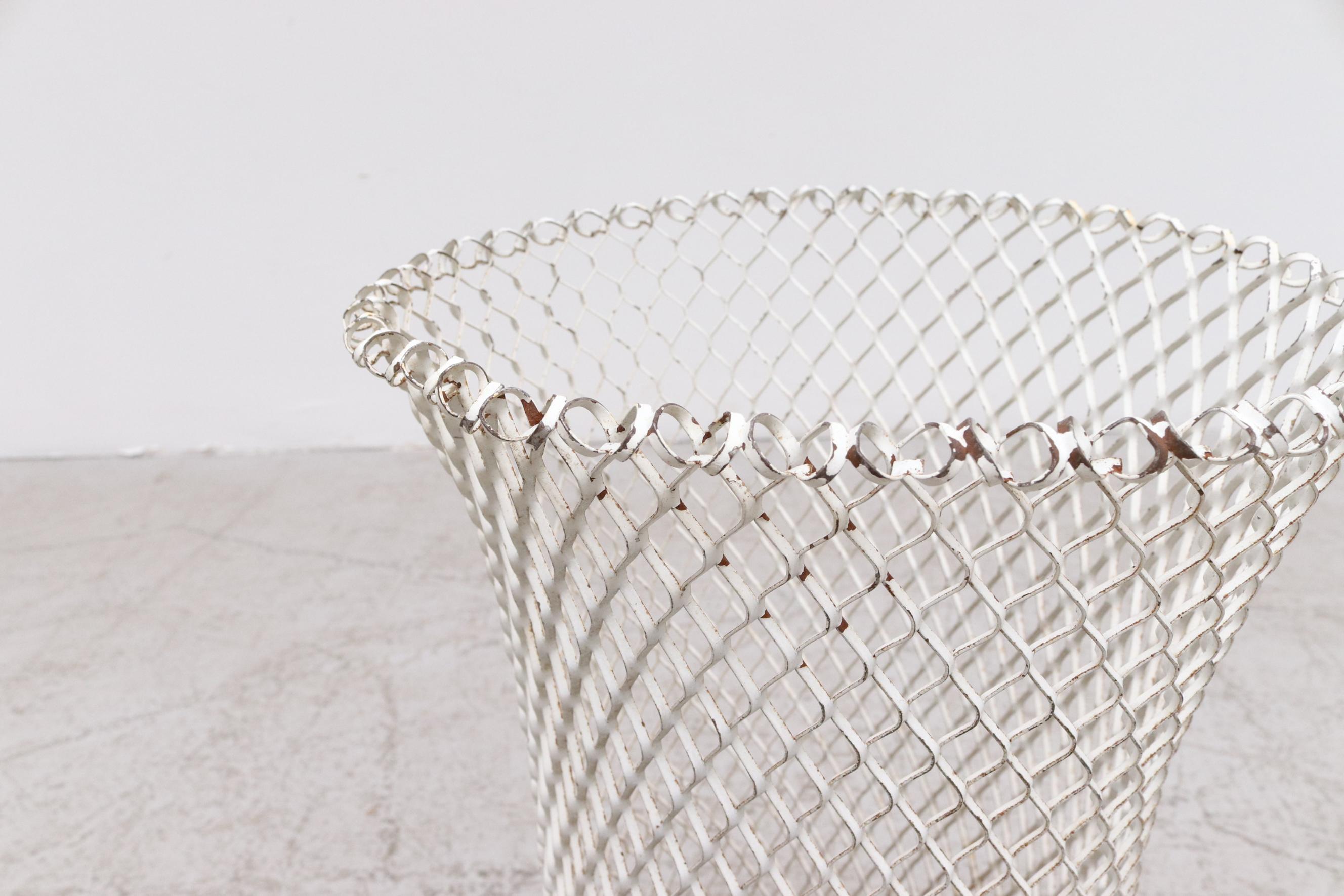 Hand-Woven Mategot Inspired White Woven Wire Waste Bin or Umbrella Holder with Brass Base
