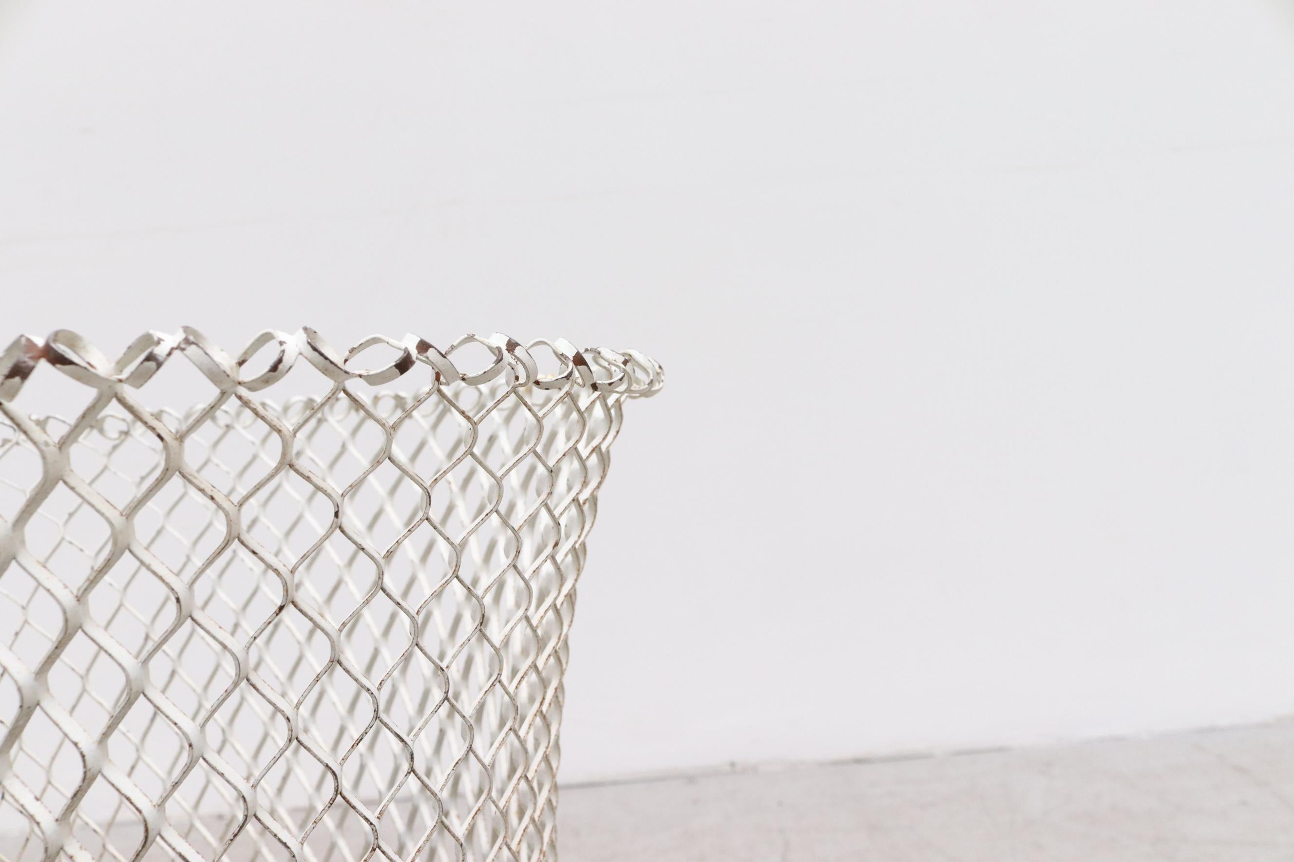 Metal Mategot Inspired White Woven Wire Waste Bin or Umbrella Holder with Brass Base