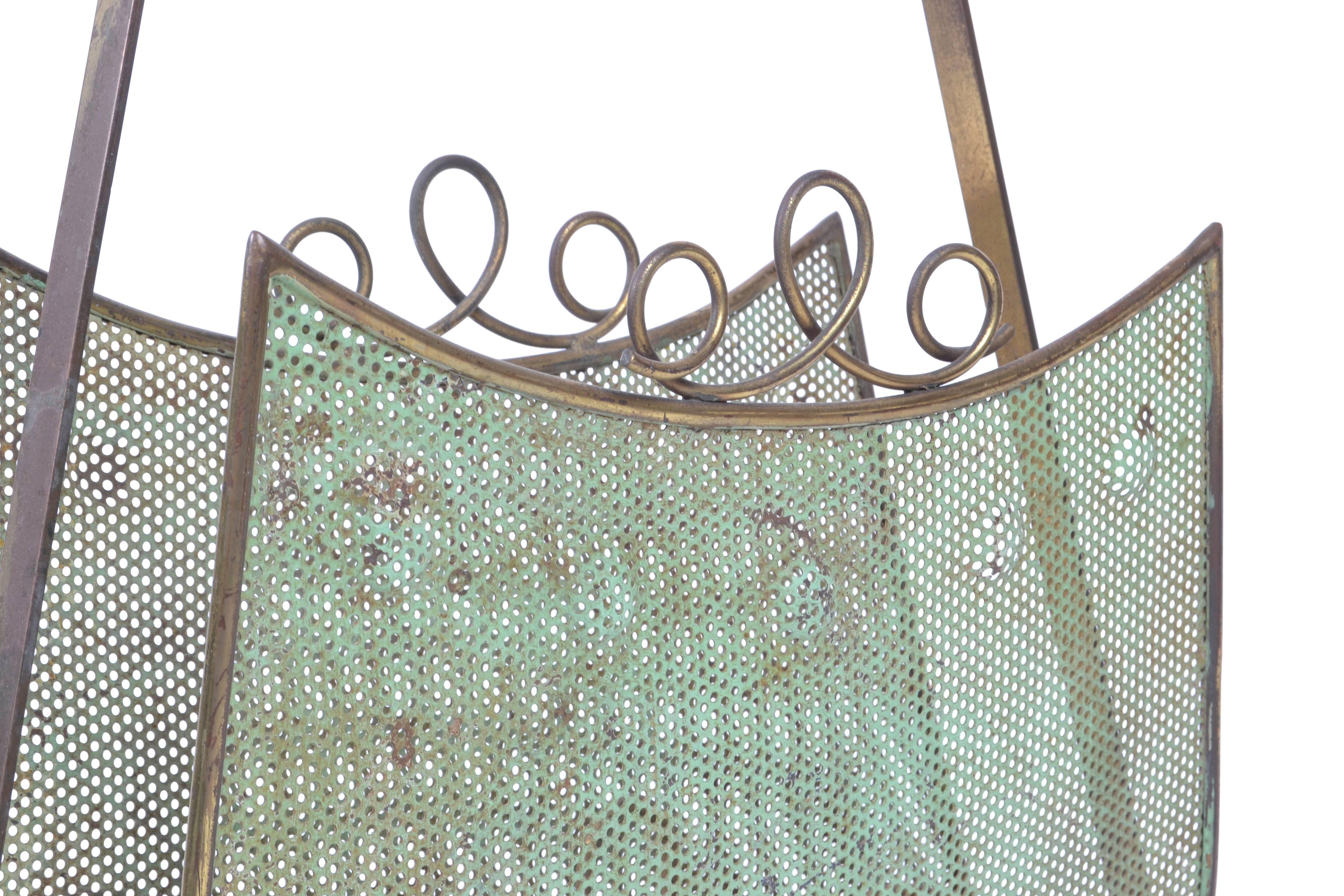Mid-20th Century 1950 French Mategot Style Magazine Rack Brass Woven Wire Mesh Mid-Century Modern For Sale
