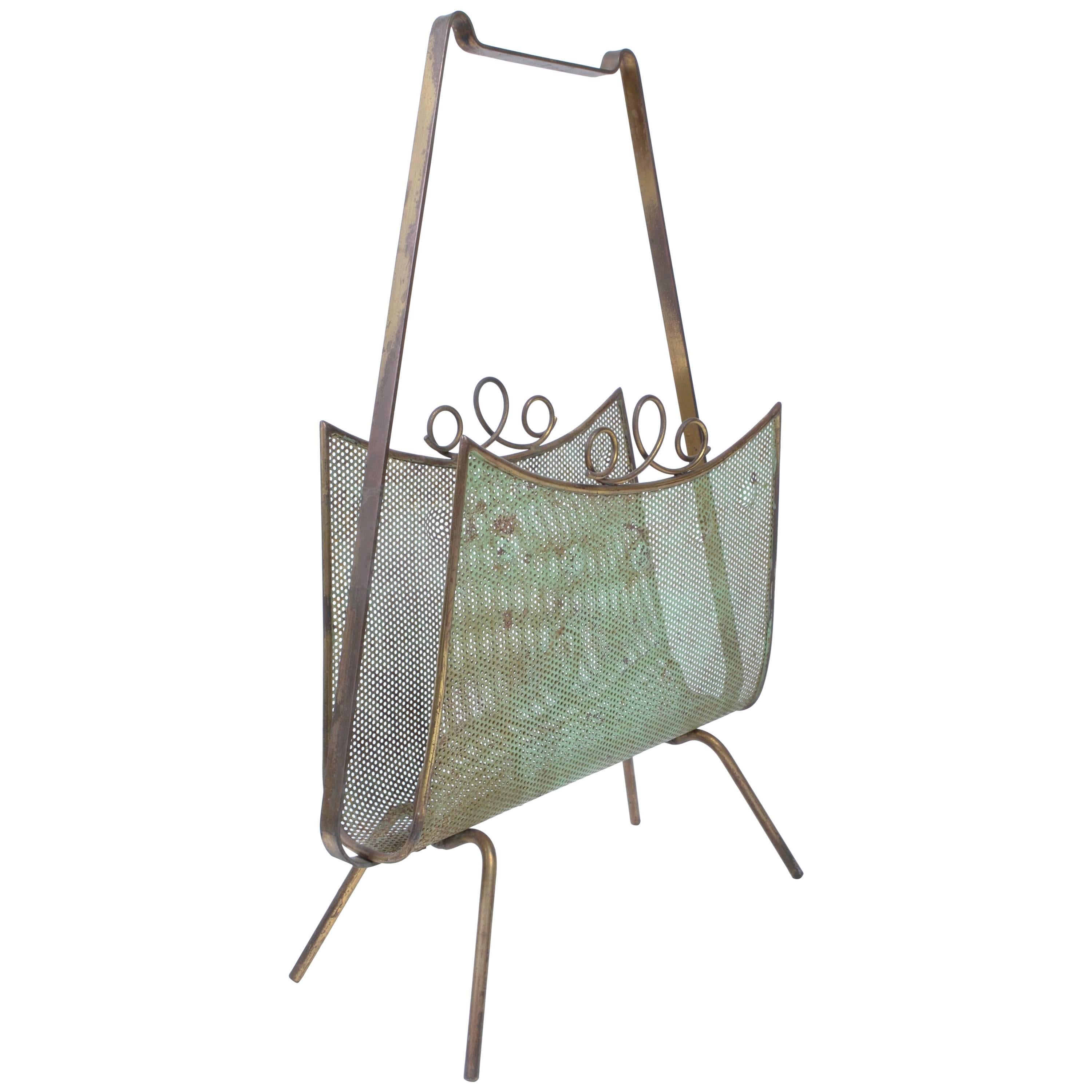 1950 French Mategot Style Magazine Rack Brass Woven Wire Mesh Mid-Century Modern For Sale