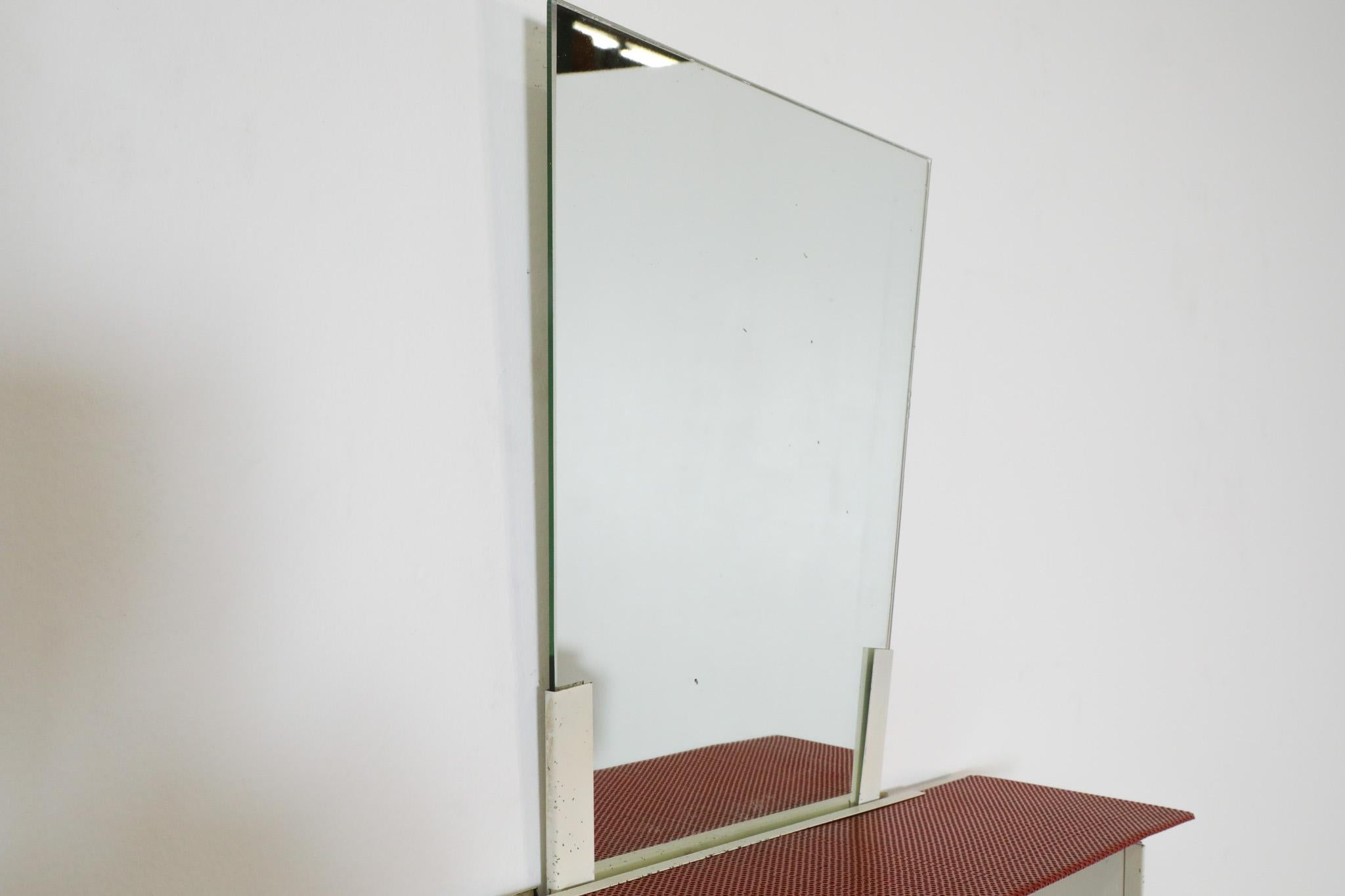 Mid-20th Century Mategot Style Wall Mirror with Red Metal Perforated Shelf & White Frame, 1950's