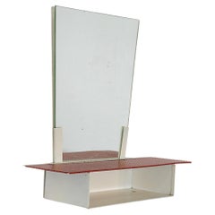 Mategot Style Wall Mirror with Red Metal Perforated Shelf & White Frame, 1950's