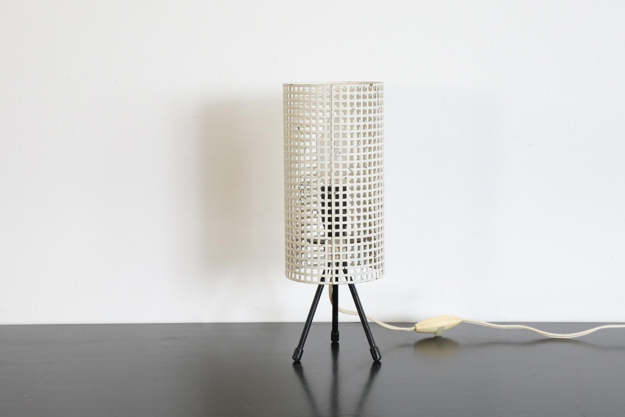 Enameled Mategot Style White Perforated Cylinder Table Lamp