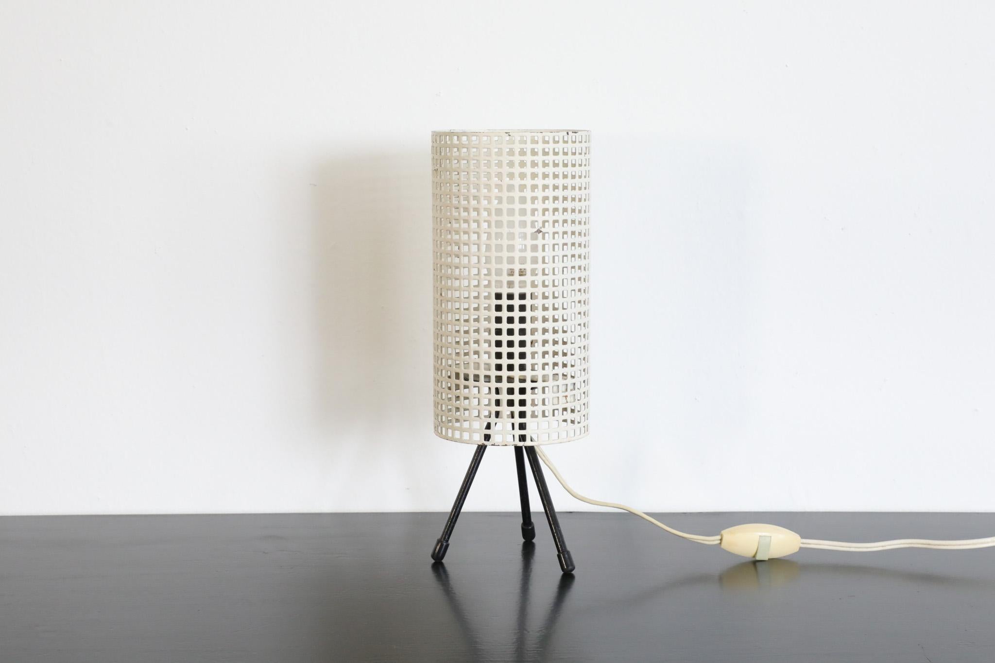 Mategot Style White Perforated Cylinder Table Lamp In Good Condition In Los Angeles, CA