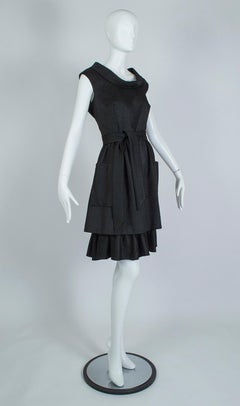 Black Matelassé *Large Size* Cowl Neck Lampshade Skirt Pocket Day Dress-L, 1950s
