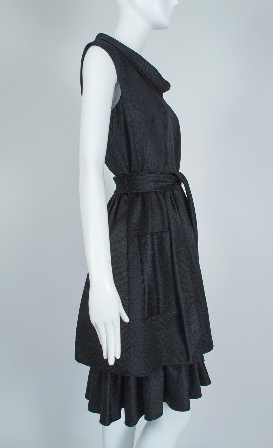 Women's Black Matelassé *Large Size* Cowl Neck Lampshade Skirt Pocket Day Dress-L, 1950s For Sale