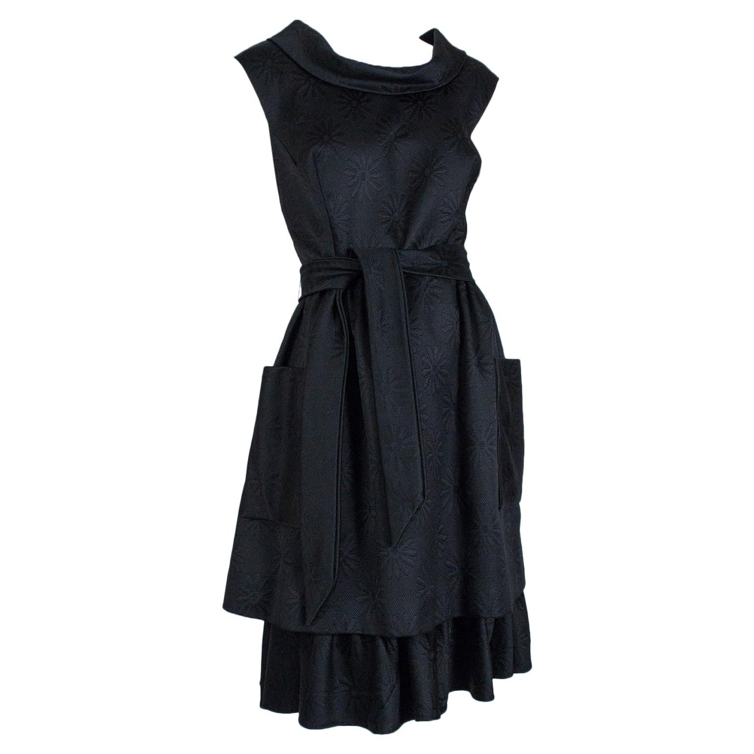 Black Matelassé *Large Size* Cowl Neck Lampshade Skirt Pocket Day Dress-L, 1950s For Sale