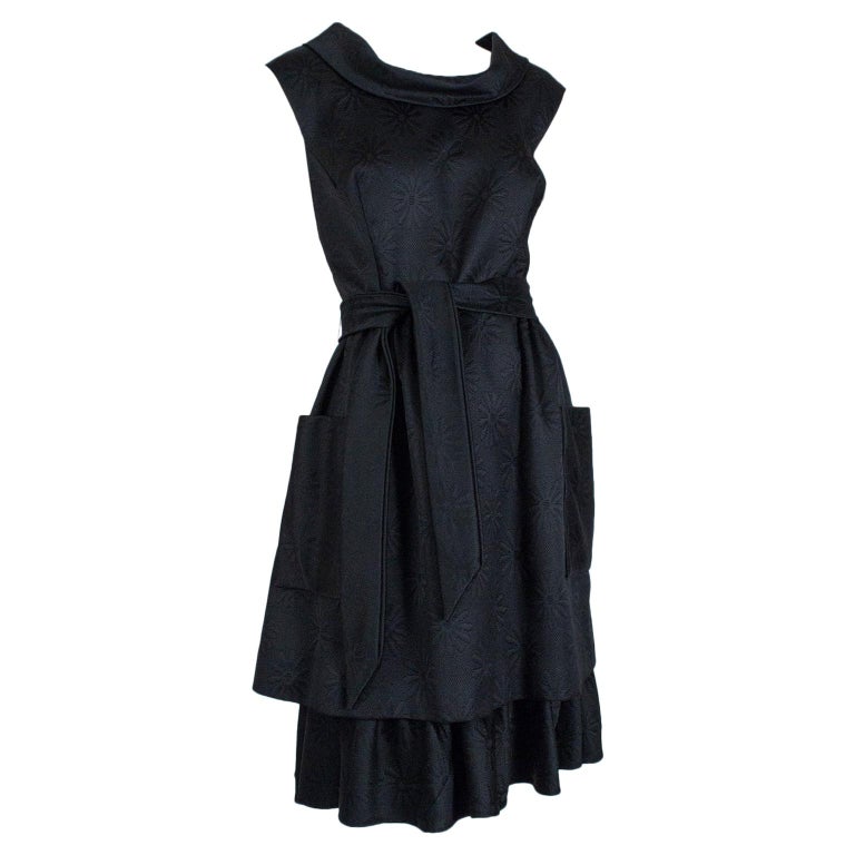 Black Matelassé *Large Size* Cowl Neck Lampshade Skirt Pocket Day Dress-L,  1950s For Sale at 1stDibs