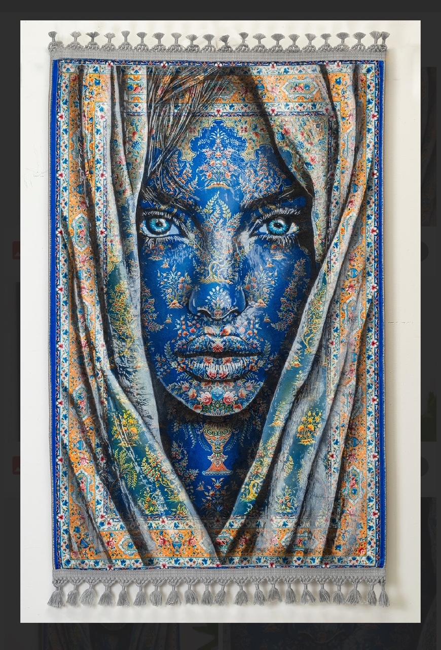 contemporary aqua blue acrylic on rug interior figurative woman