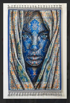 contemporary aqua blue acrylic on rug interior figurative woman