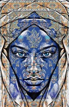 contemporary aqua blue acrylic on rug interior figurative woman