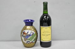 Mateos Mexico Tonala Pottery Mid Century Modern Brass Peacock Feather 7" Vase