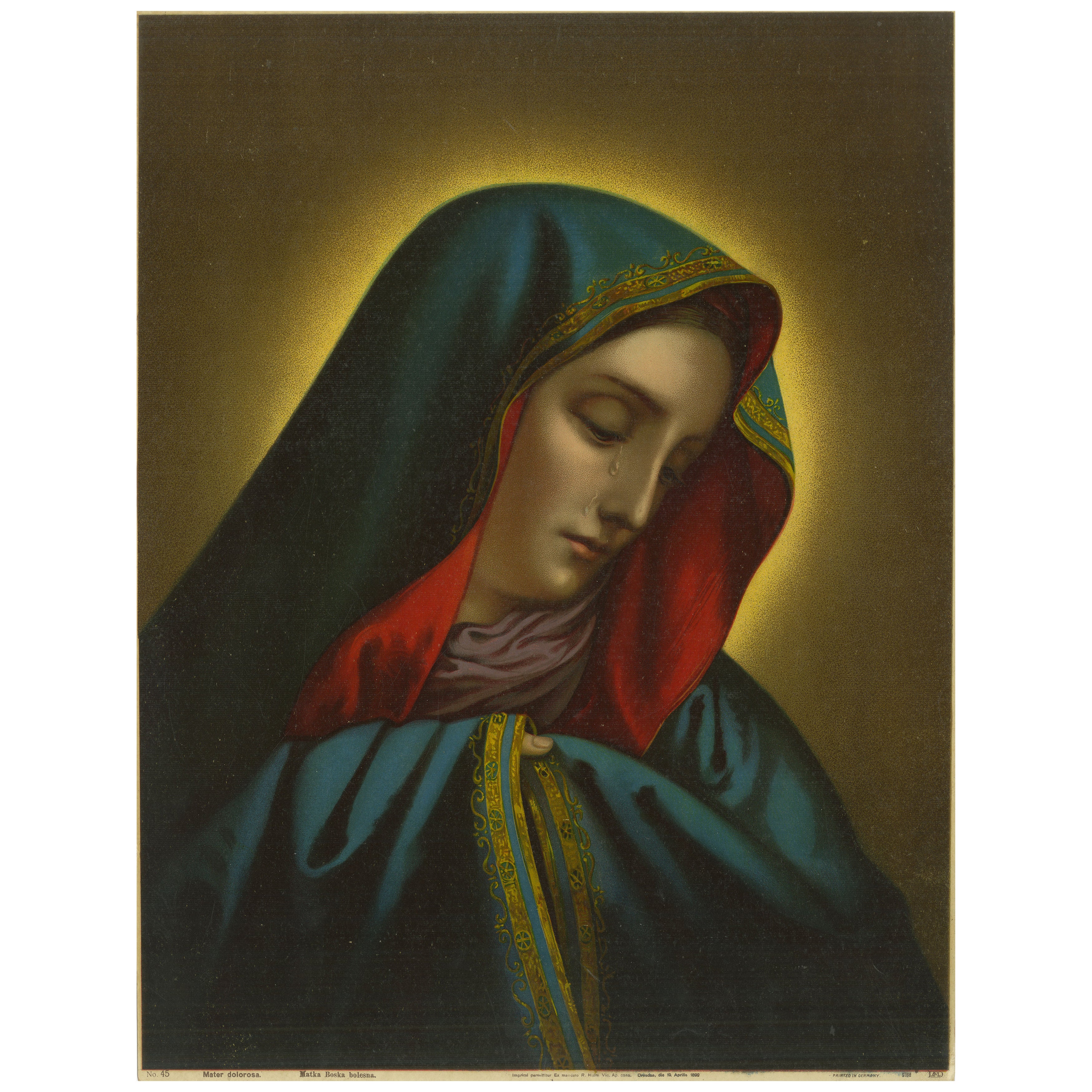 Mater Dolorosa, 1899 German Chromolithograph of the Sorrowful Mother, Dresden